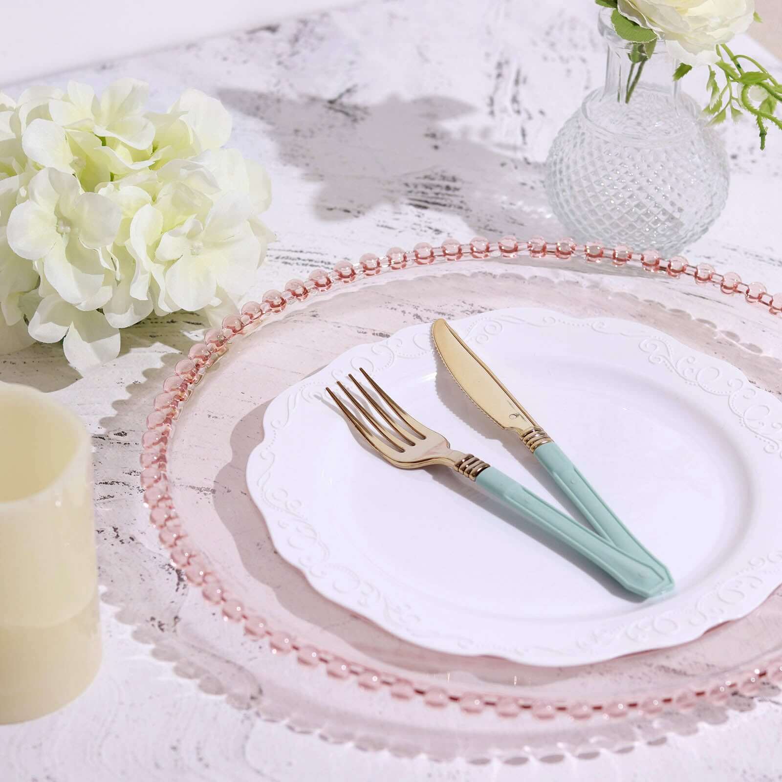 6-Pack Acrylic Round Charger Plates 13" in Transparent Blush with Beaded Rim, Decorative Dinner Party Serving Plates