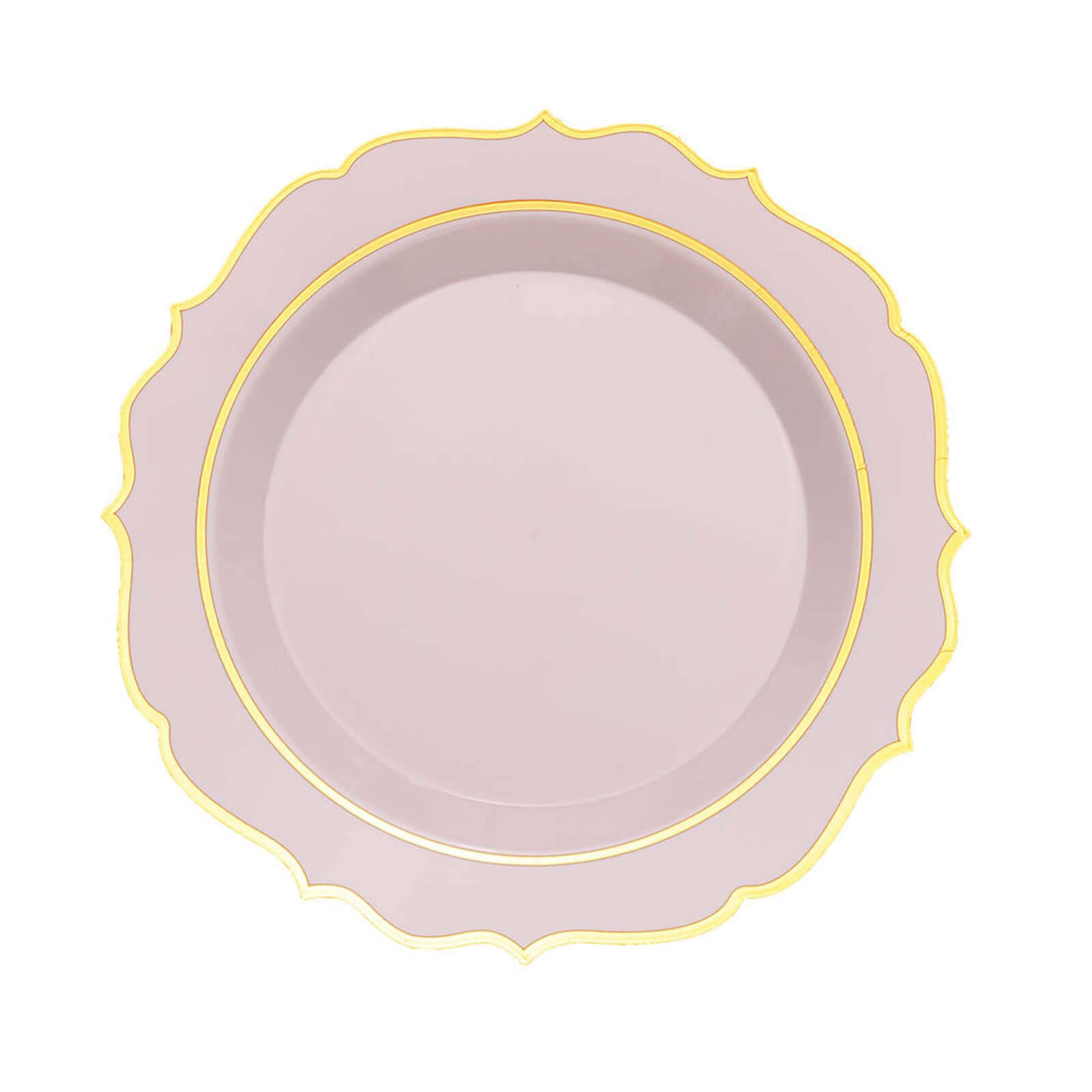 10-Pack Plastic 8" Round Desert Plates in Blush with Gold Scalloped Rim - Disposable Appetizer/Salad Plates