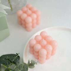 2-Pack Decorative Paraffin Wax Candles Bubble Cube Design Blush - Unscented Long Burning Pillar Candle Set 2"