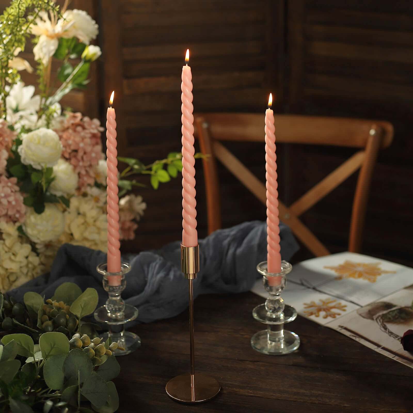12-Pack Taper Candles Spiral Long Burn Wick Design Blush - Premium Unscented Wax Dinner Candle Sticks 11"