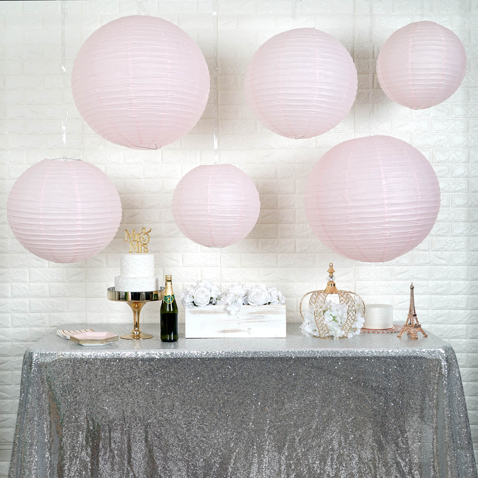 Set of 6 Blush Hanging Paper Lanterns, Chinese Sky Lanterns, Assorted Sizes - 16", 20", 24"
