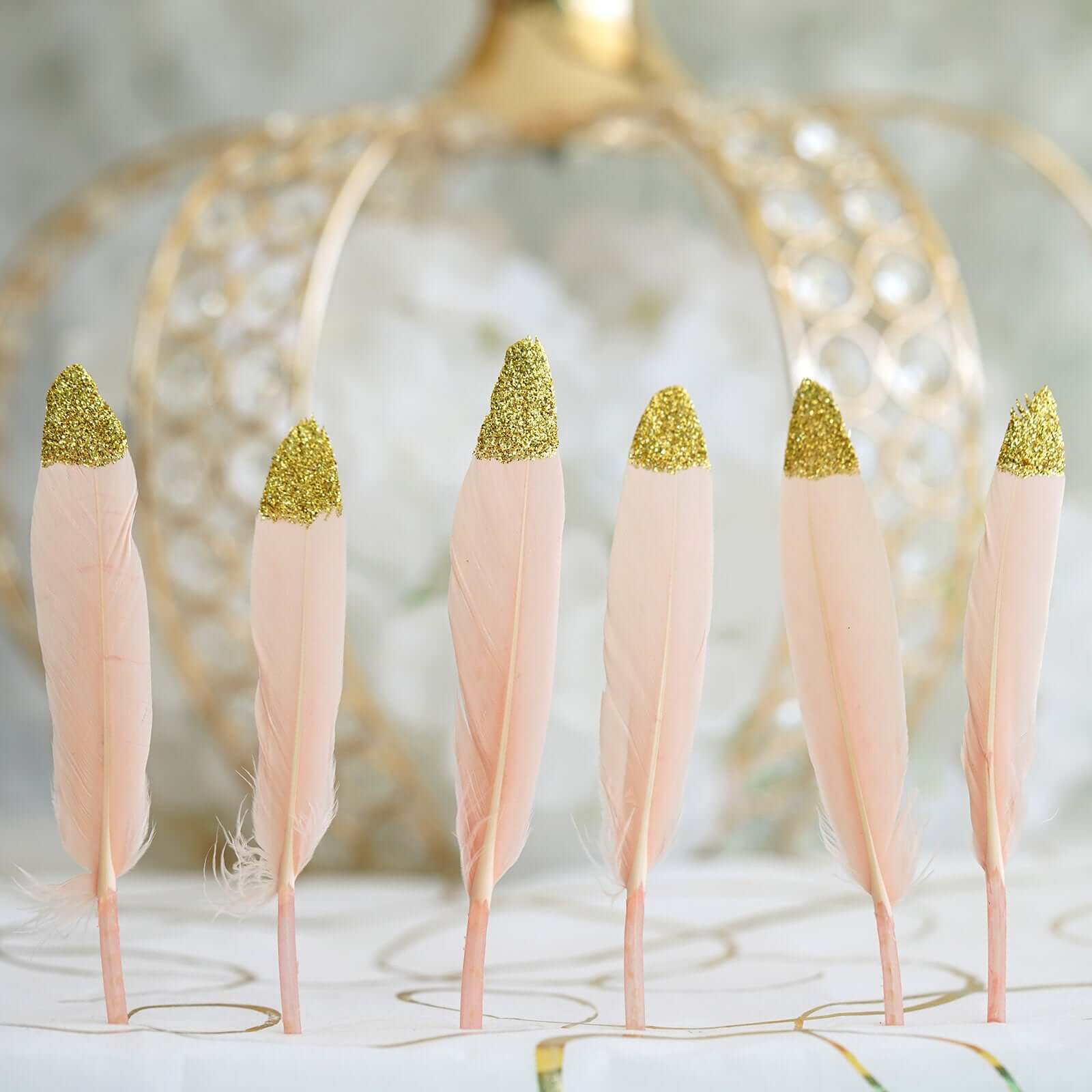 30-Pack Turkey Feathers Craft Feathers Glitter Gold Tip Blush - Decorative Feathers for DIY Party Projects