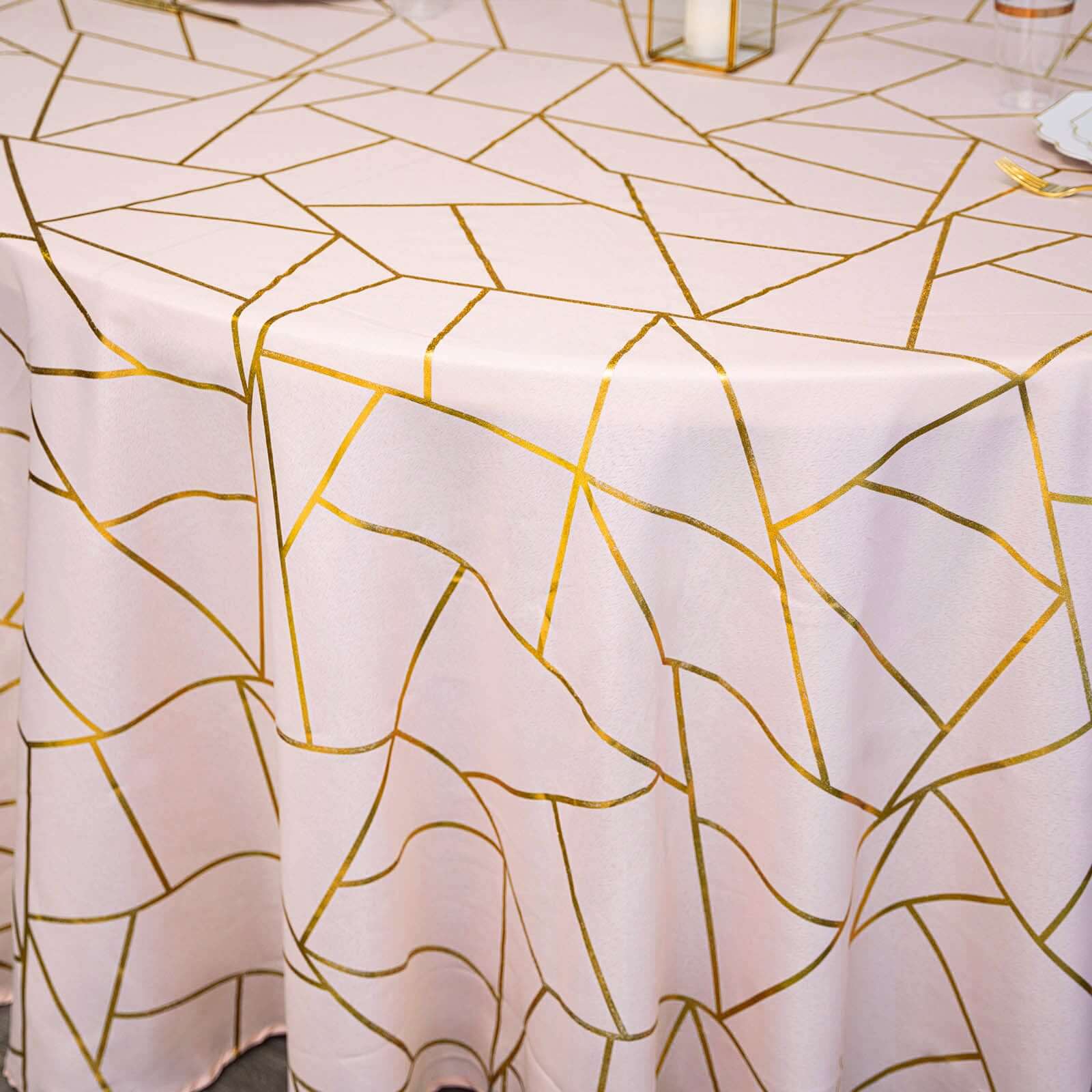 Polyester 120" Round Tablecloth Blush with Gold Foil Geometric Pattern Wrinkle-Resistant Seamless Table Cover