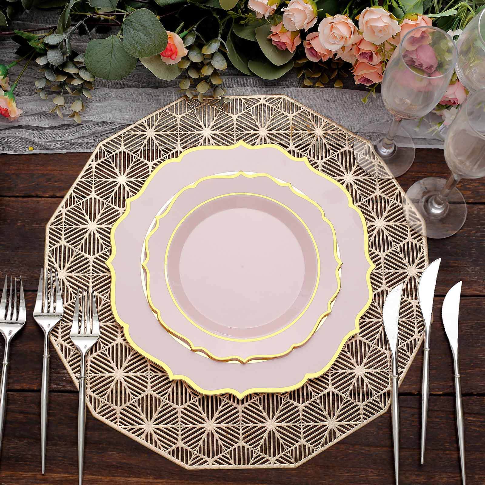 10-Pack Plastic 8" Round Desert Plates in Blush with Gold Scalloped Rim - Disposable Appetizer/Salad Plates