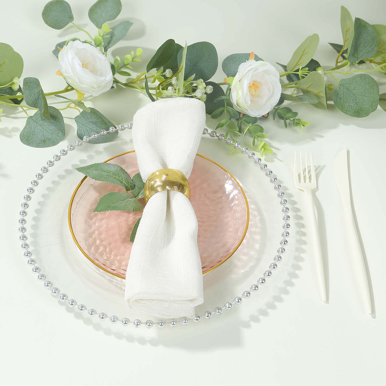 10-Pack Plastic 7" Round Dessert Appetizer Plates in Transparent Blush Hammered Design with Gold Rim - Modern Disposable Salad Plates