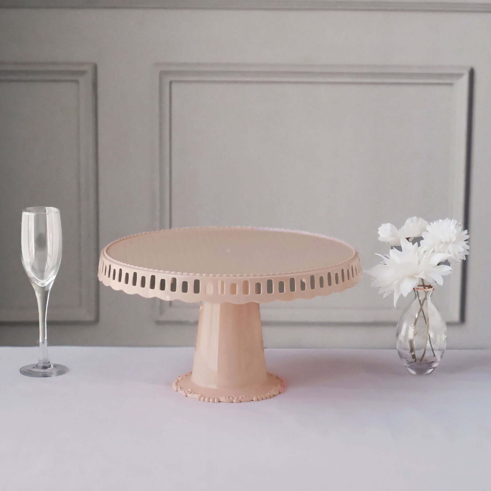 4-Pack Plastic Round Pedestal Cake Stands Blush - Reusable Cupcake Pastry Display Risers with Hollow Ribbon Trim Edges for Stylish Dessert Presentation 13"