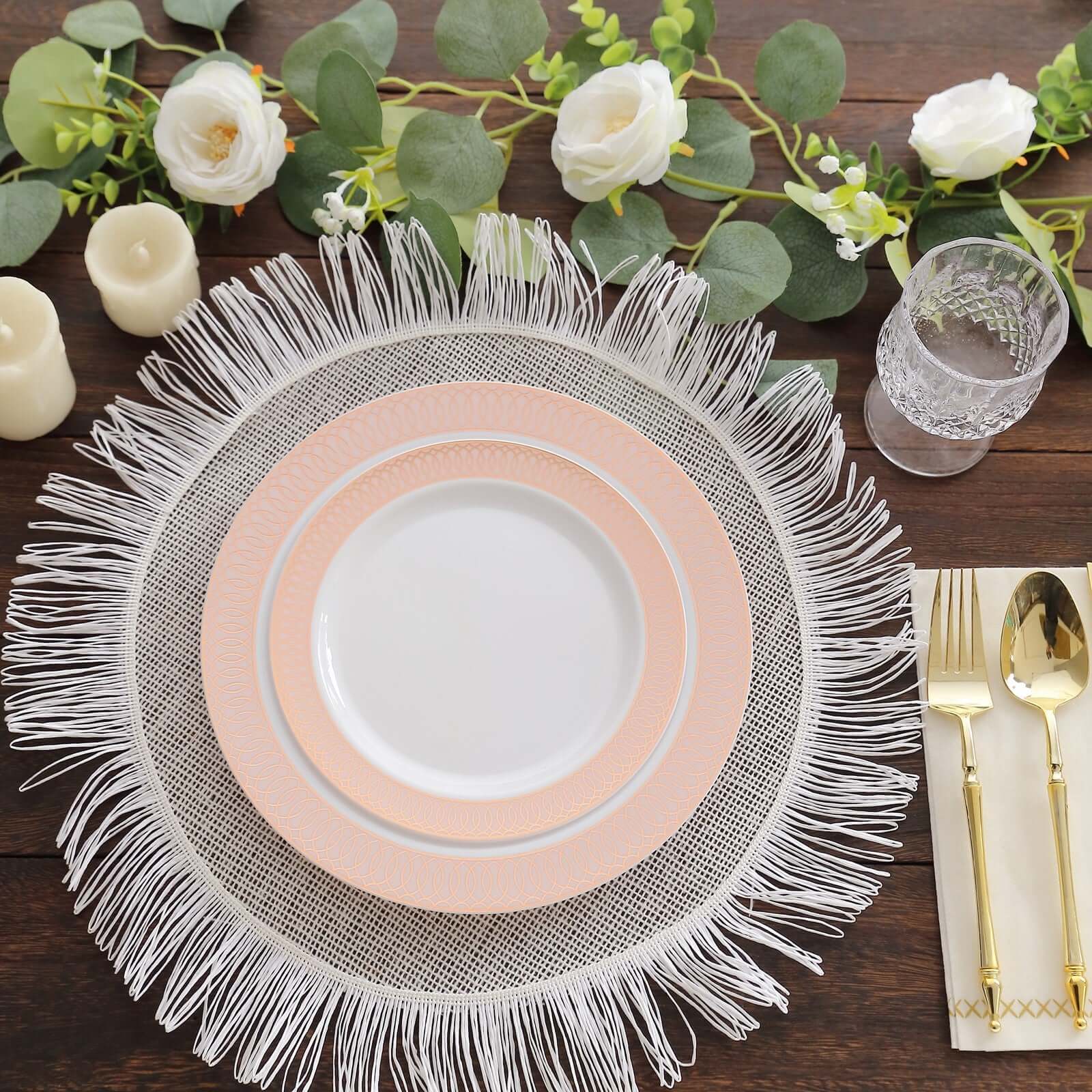 10-Pack Plastic Round Dessert Plates 7" White with Blush Rose Gold Spiral Rim - Chic Disposable Salad Plates for Events & Banquets