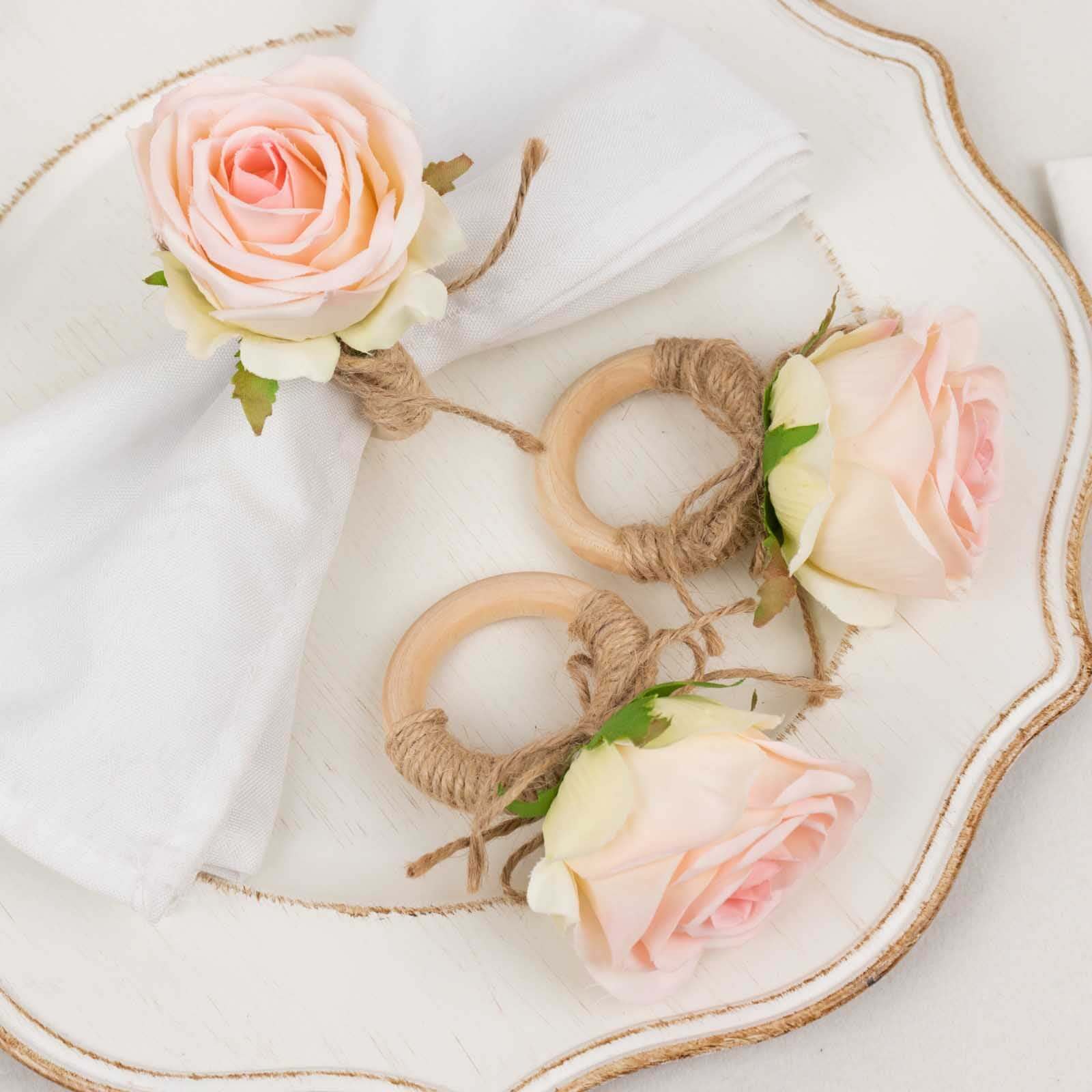 4 Pack Blush Artificial Rose Flower Wooden Napkin Holders, Farmhouse Country Floral Napkin Rings - 4"