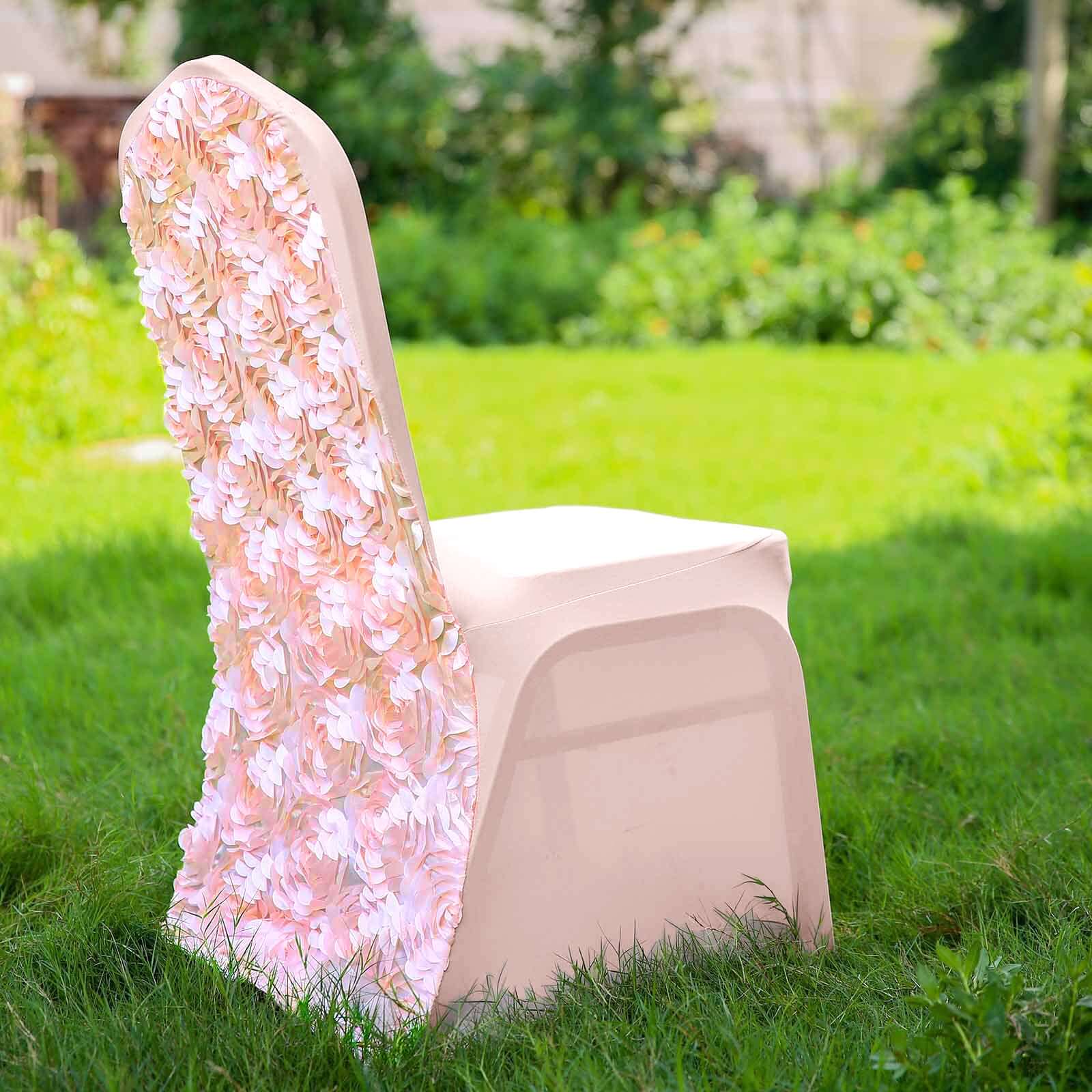 Satin Rosette Chair Cover for Banquet Chairs Blush - Stretch Fitted Slip-On Slipcover