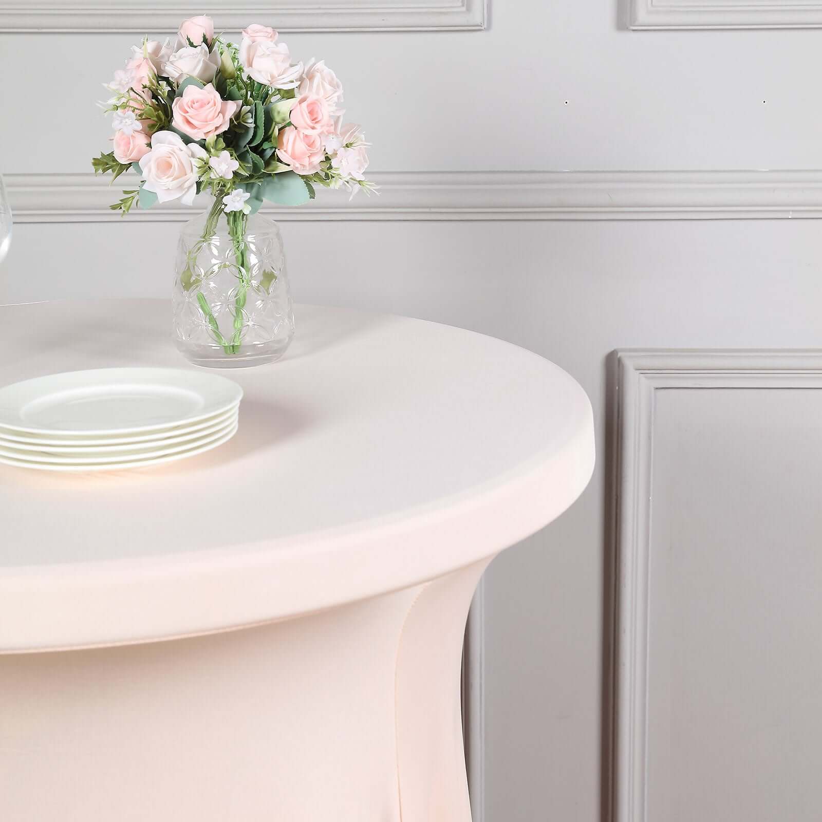 Spandex 32" Round Cocktail Table Cover Skirt Blush With Natural Wavy Drapes