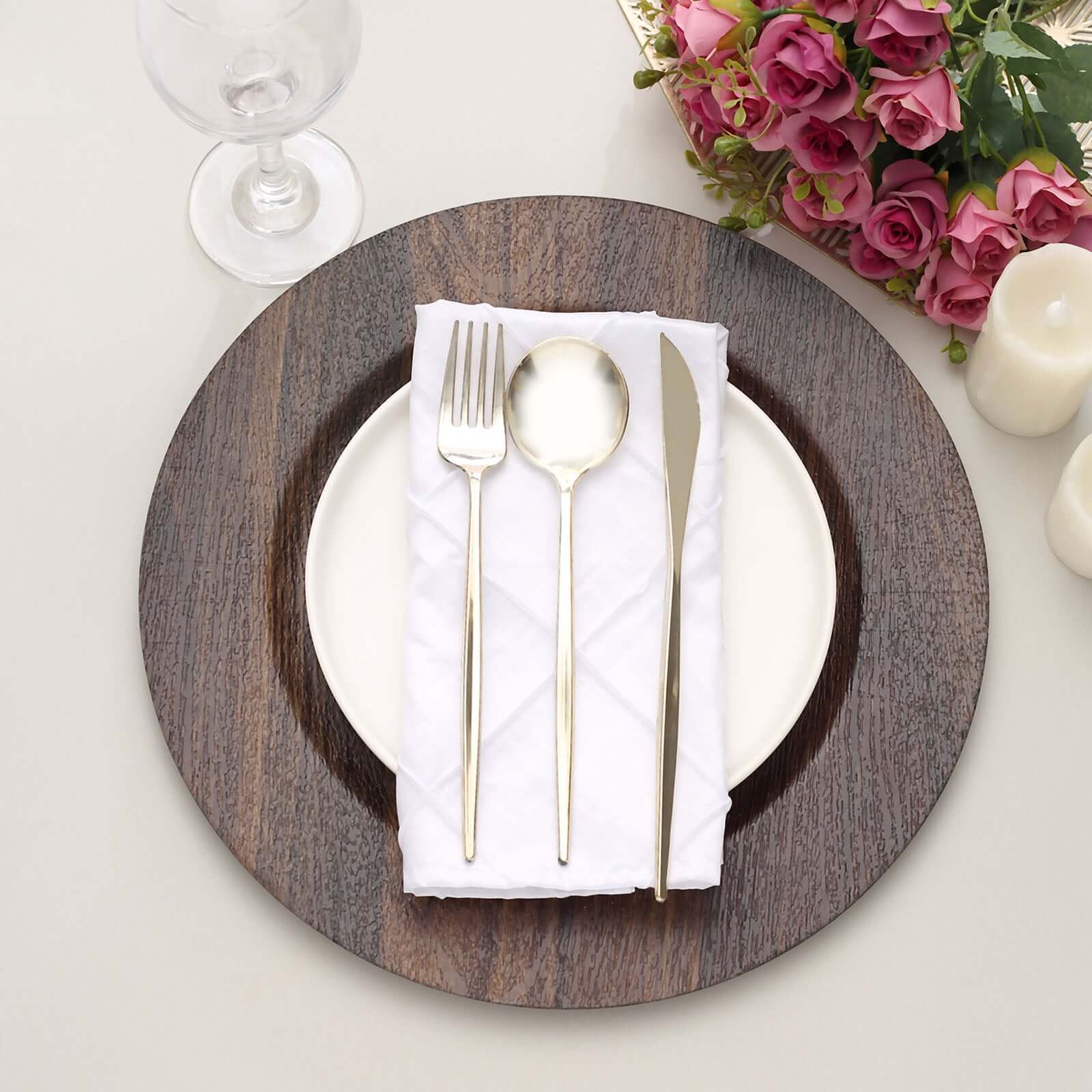 6-Pack Plastic Round Charger Plates 13" in Dark Brown with Faux Wood Finish, Rustic Boho Chic Dinner Party Charger Tableware