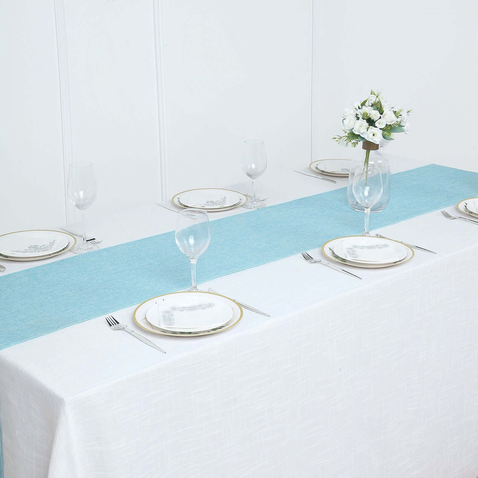 14"x108" Turquoise Boho Chic Rustic Faux Burlap Cloth Table Runner