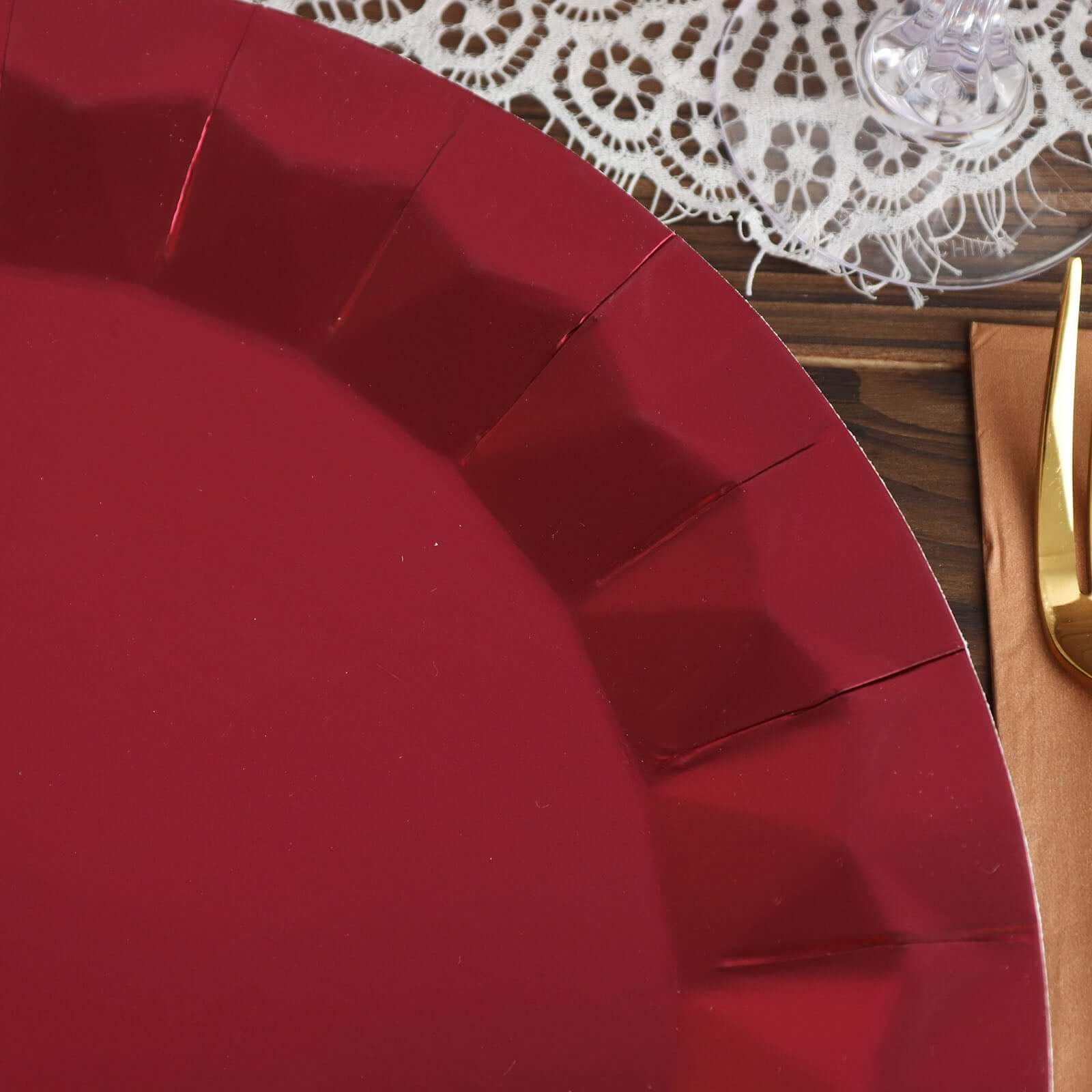 25-Pack Paper 12" Round Charger Plates in Burgundy with Geometric Prism Design - Disposable 400GSM Serving Trays