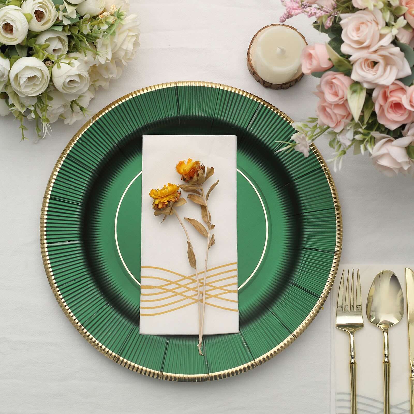 25-Pack Disposable Round Charger Plates in Hunter Emerald Green Sunray Design with Gold Rim - 350GSM Heavy Duty Paper Chargers 13"