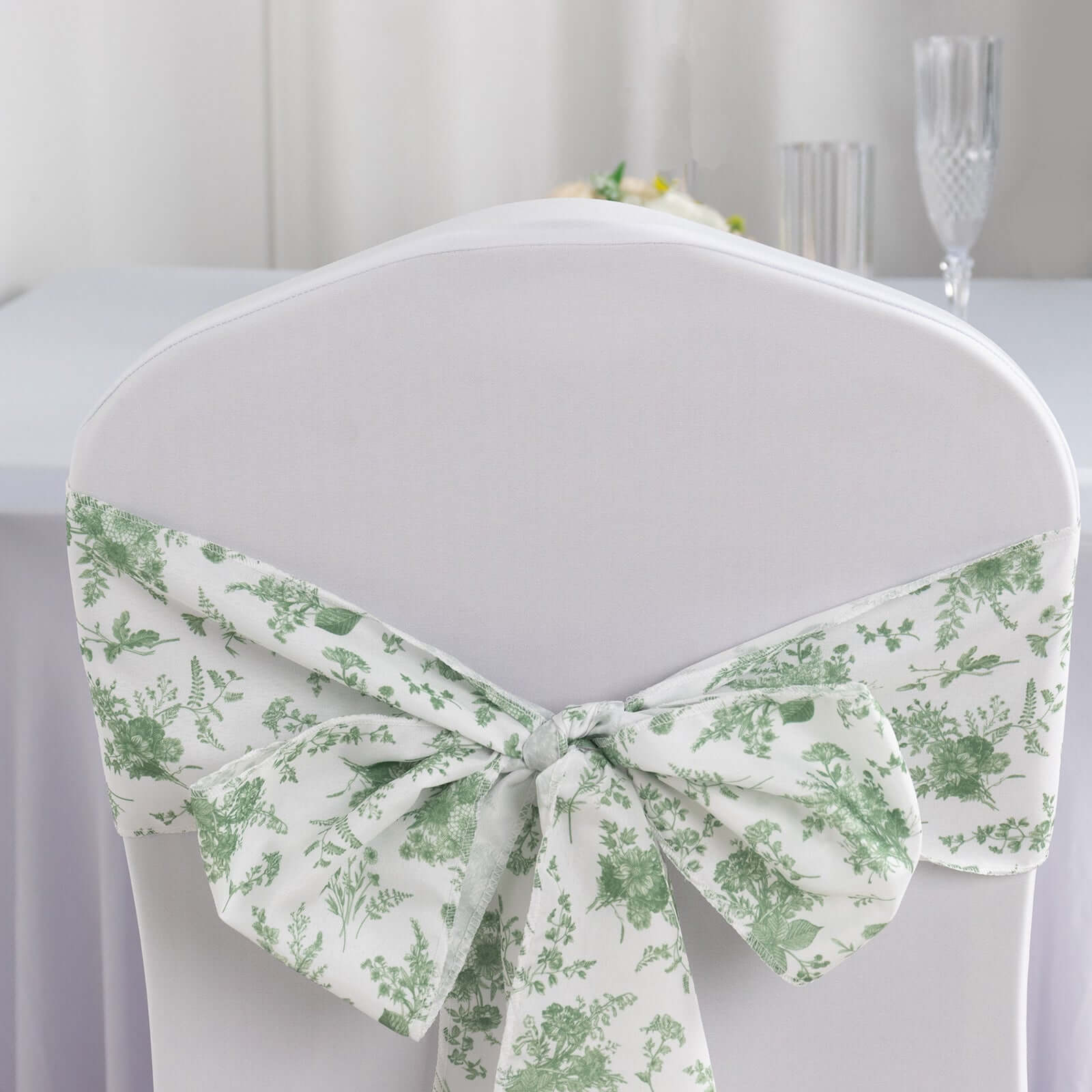 5 Pack Polyester Chair Sashes Dusty Sage Green French Toile Floral Design - Stylish Durable and Reusable Chair Bows 6"x108"