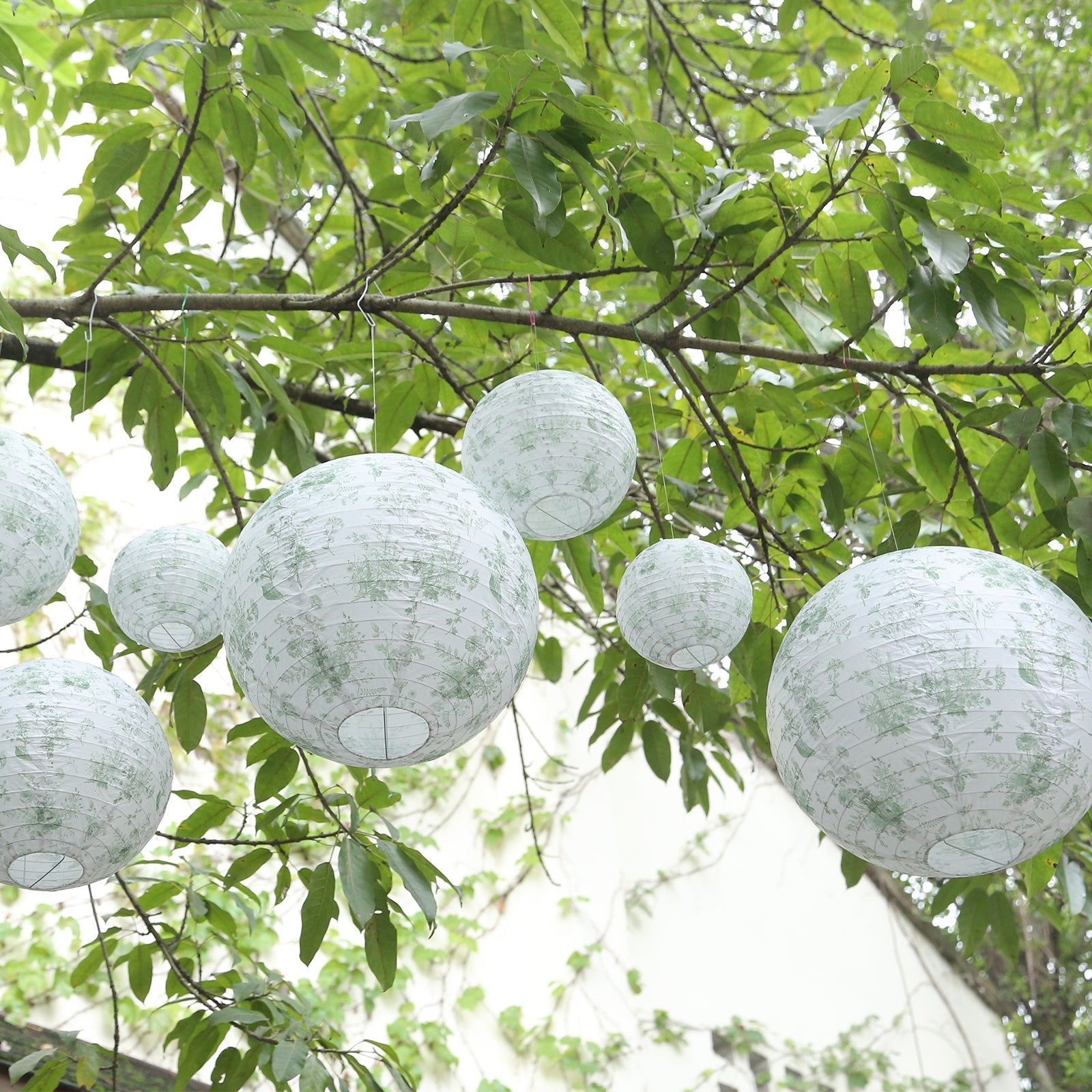 Set of 8 White Sage Green Hanging Chinese Lanterns in French Toile Floral Pattern, Festival Paper Lanterns - 6",8",10",14"