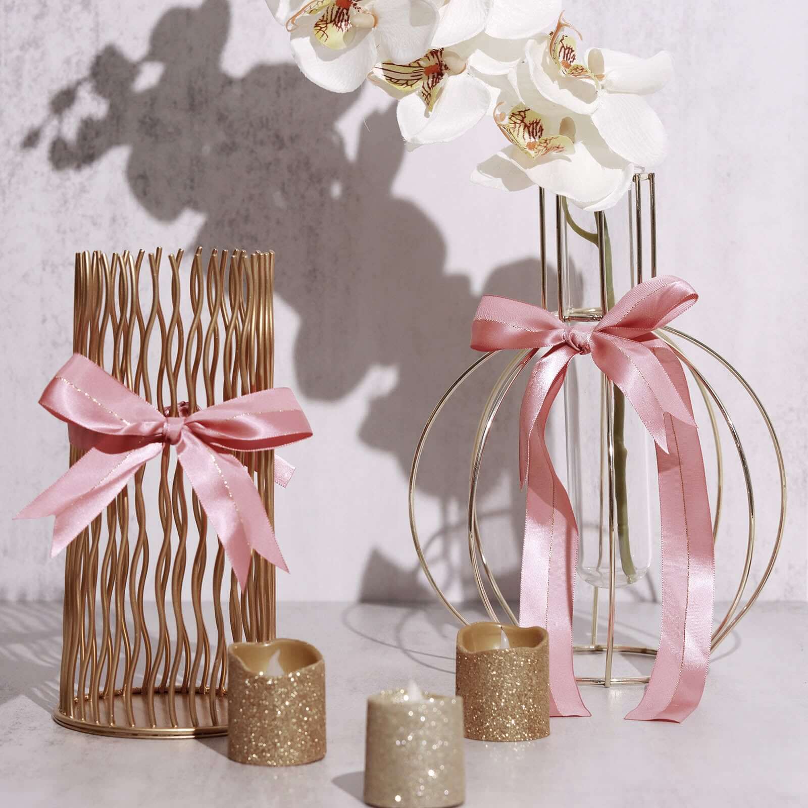 50 Pcs 10" Dusty Rose Pre Tied Ribbon Bows, Satin Ribbon With Gold Foil Lining For Gift Basket and Party Favors Decor