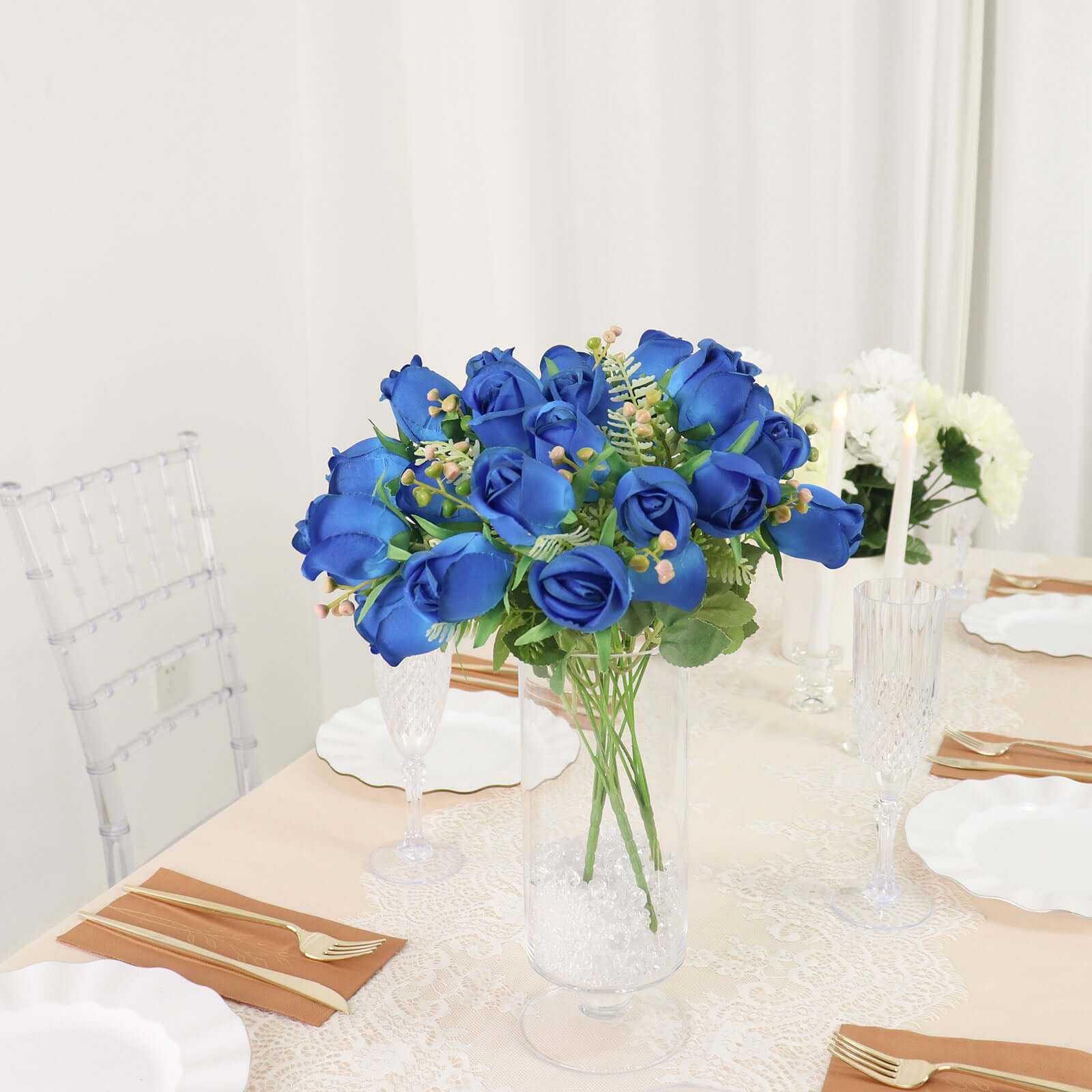 3 Pack 13" Royal Blue Real Touch Silk Rose Bud Flower Bridal Bouquets, Artificial Floral Bush Arrangements