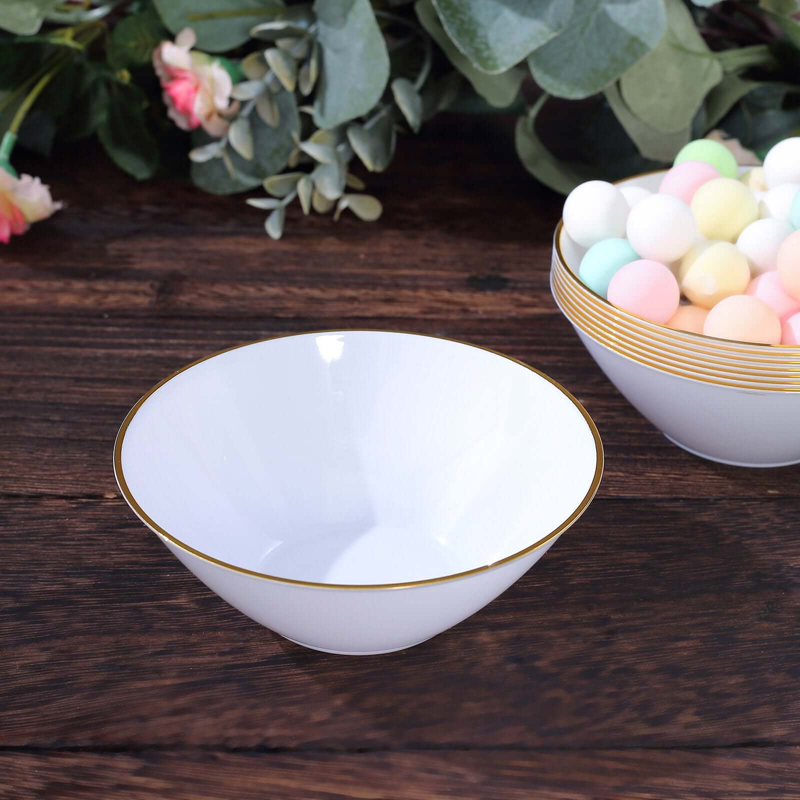 24-Pack Heavy Duty Plastic Ice Cream Bowls Glossy White Gold Rim Premium - Great for Events 7oz