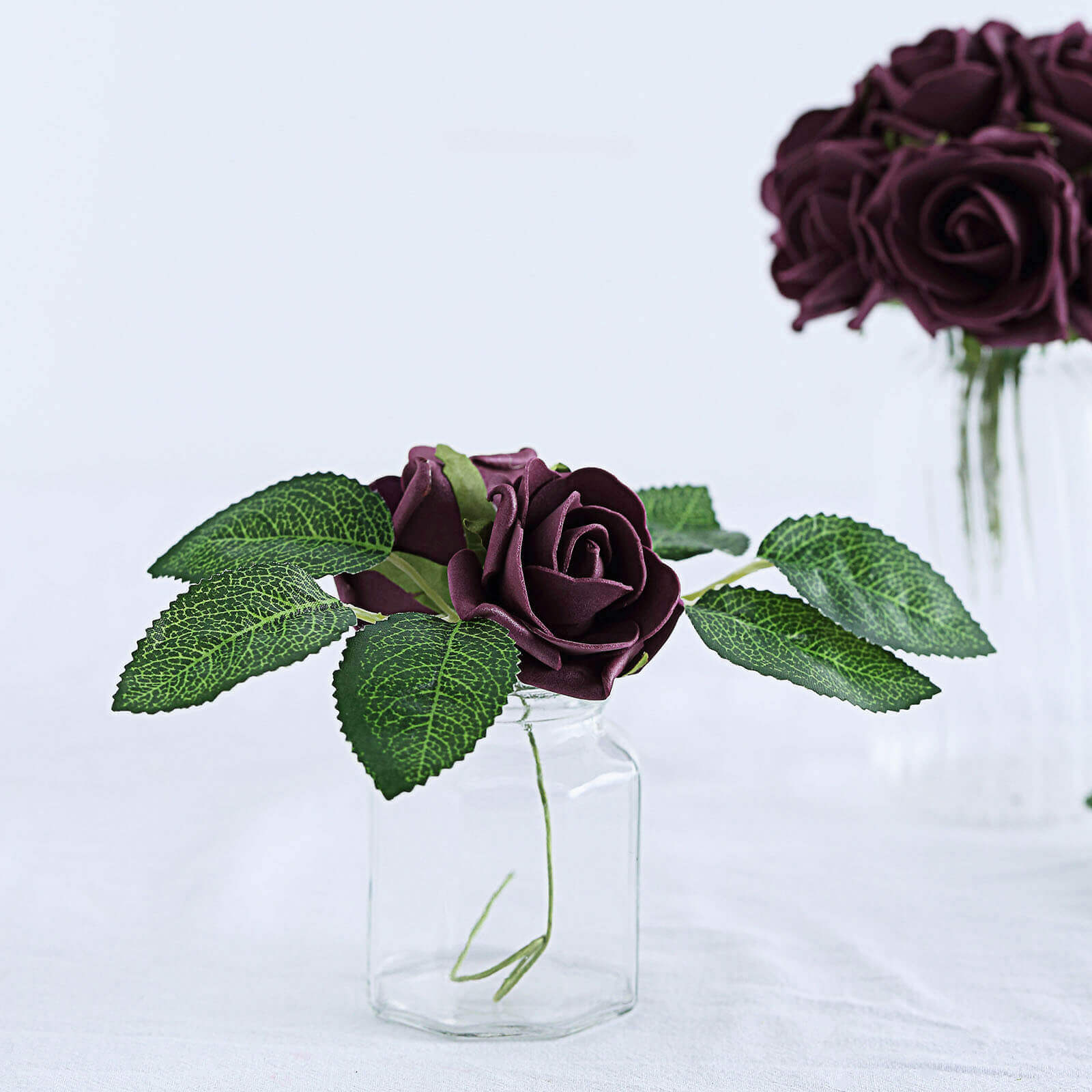 24 Roses 2" Eggplant Artificial Foam Flowers With Stem Wire and Leaves