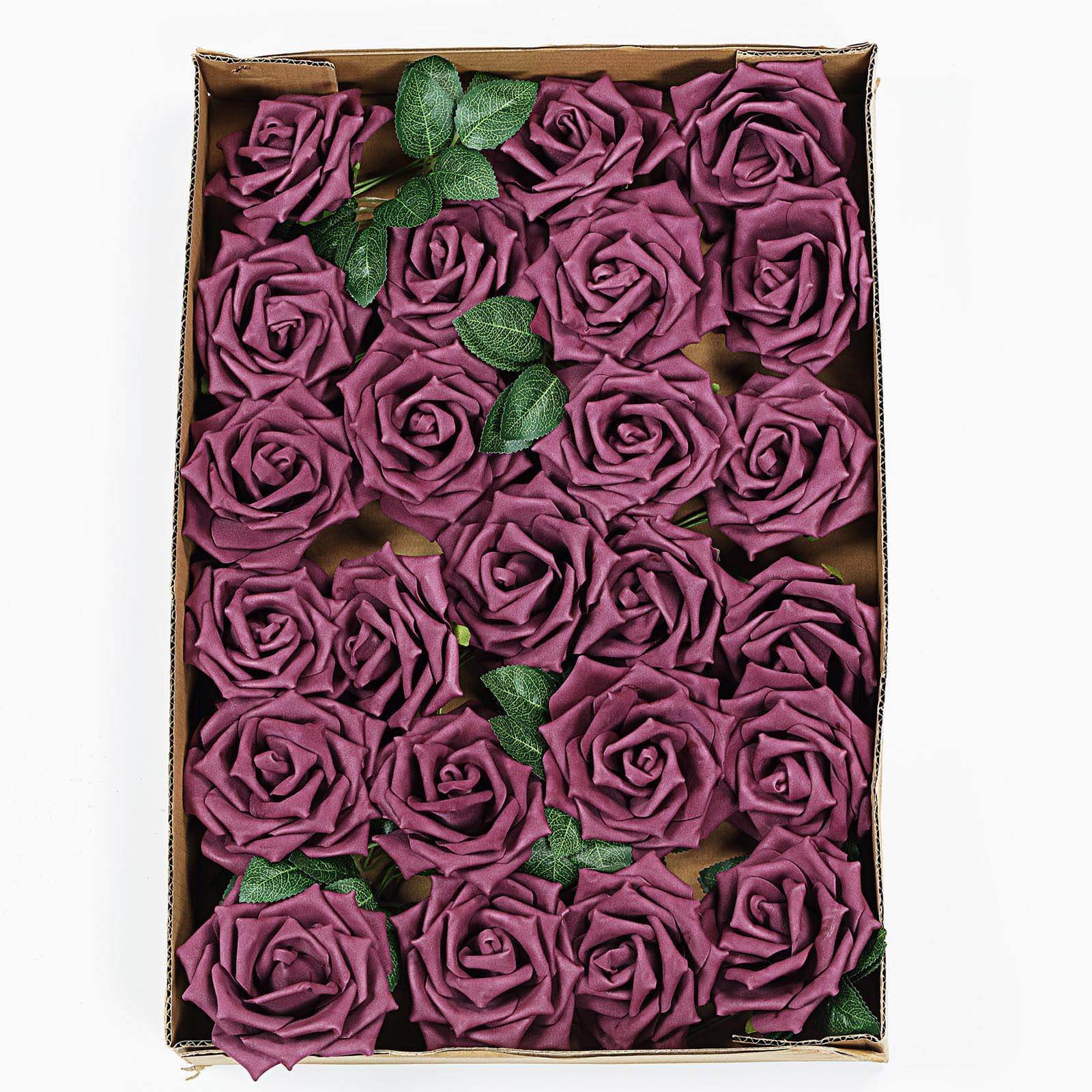 24 Roses 5" Eggplant Artificial Foam Flowers With Stem Wire and Leaves