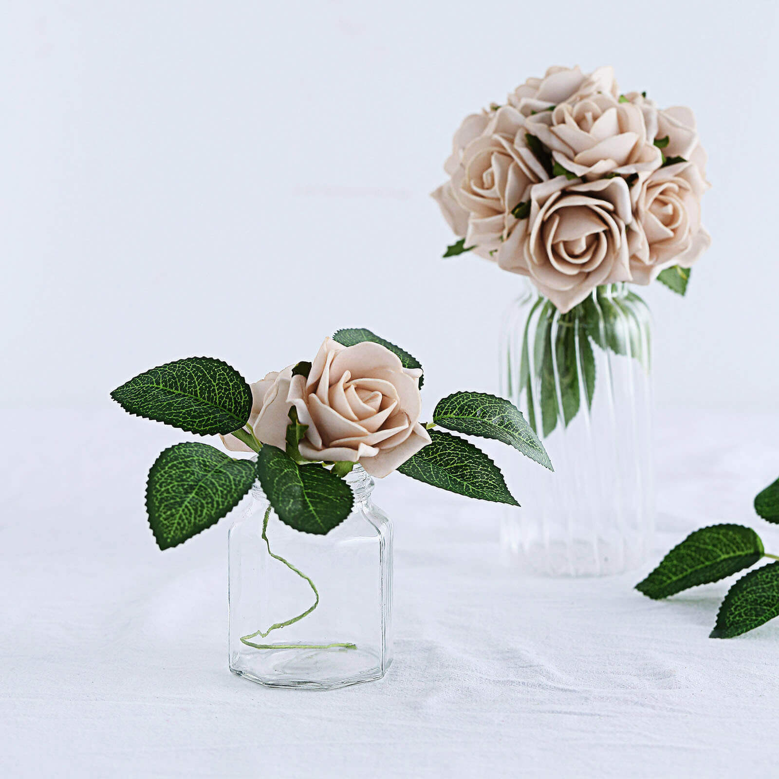 24 Roses 2" Champagne Artificial Foam Flowers With Stem Wire and Leaves