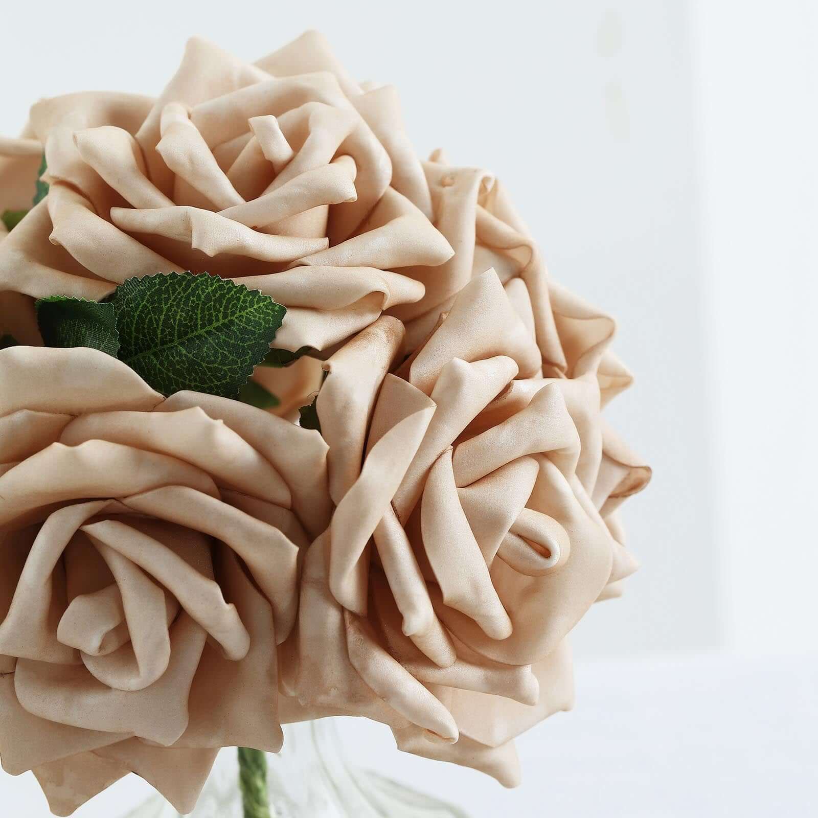 24 Roses 5" Champagne Artificial Foam Flowers With Stem Wire and Leaves