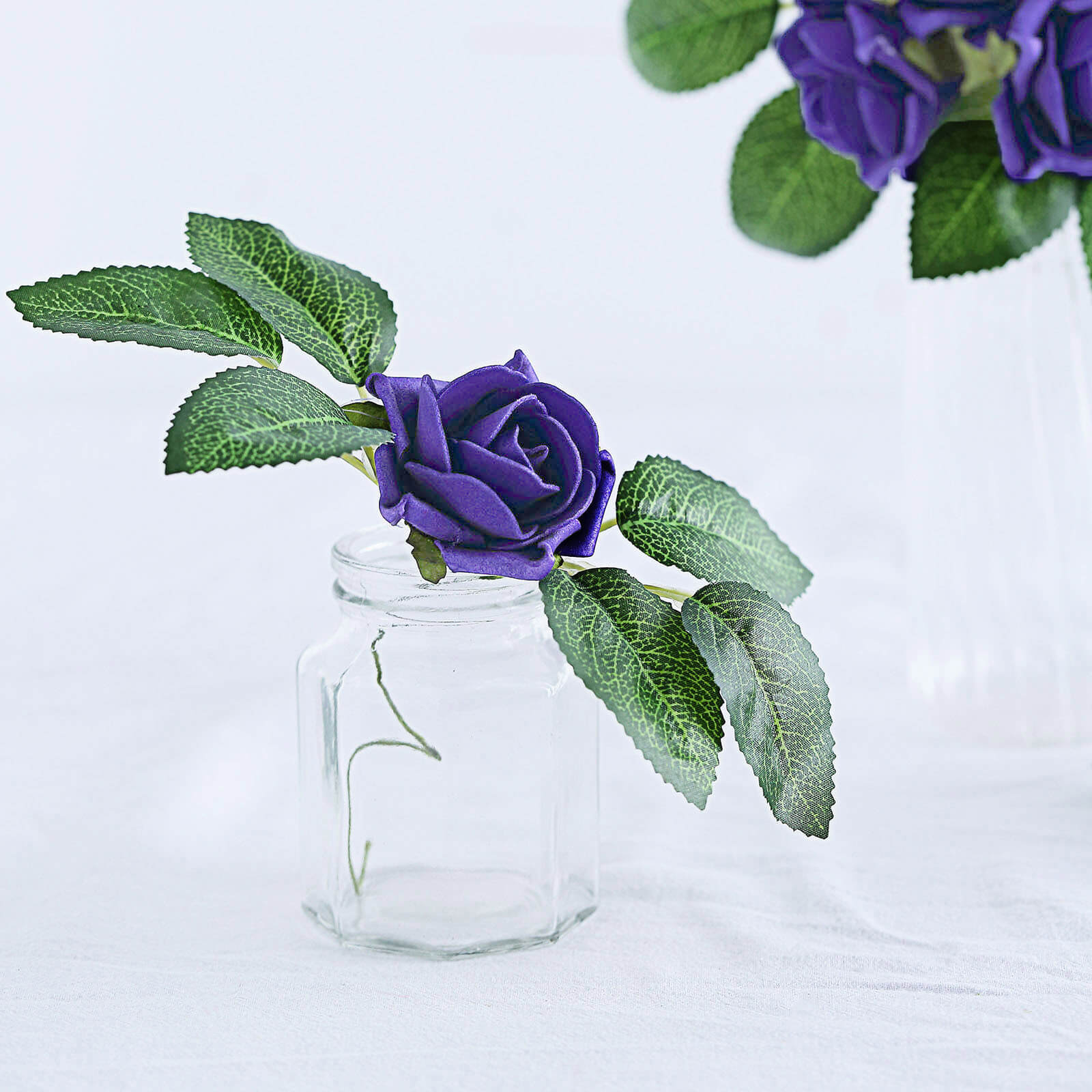24 Roses 2" Purple Artificial Foam Flowers With Stem Wire and Leaves