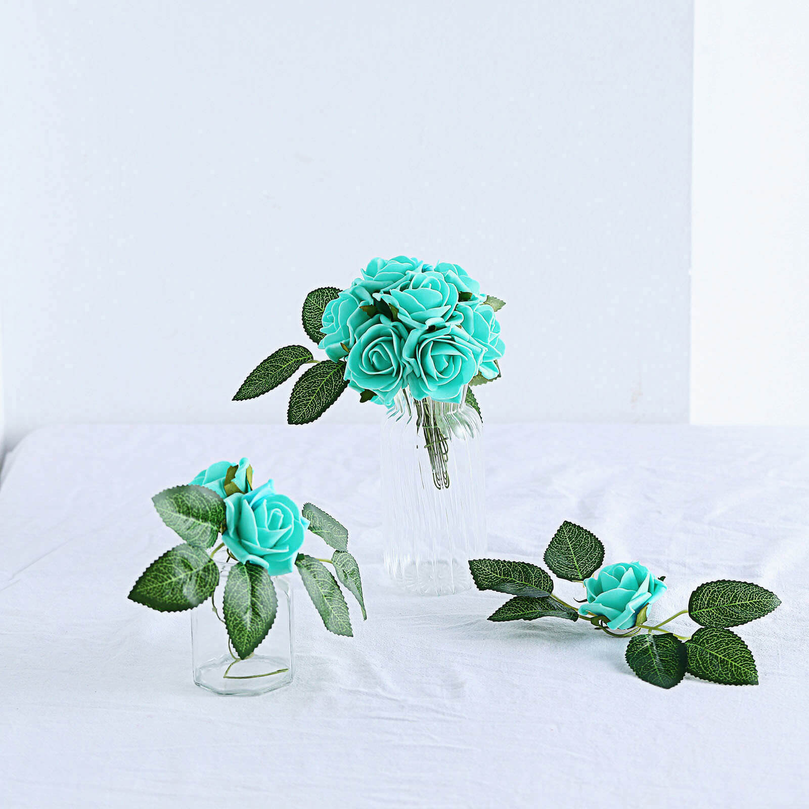 24 Roses 2" Turquoise Artificial Foam Flowers With Stem Wire and Leaves