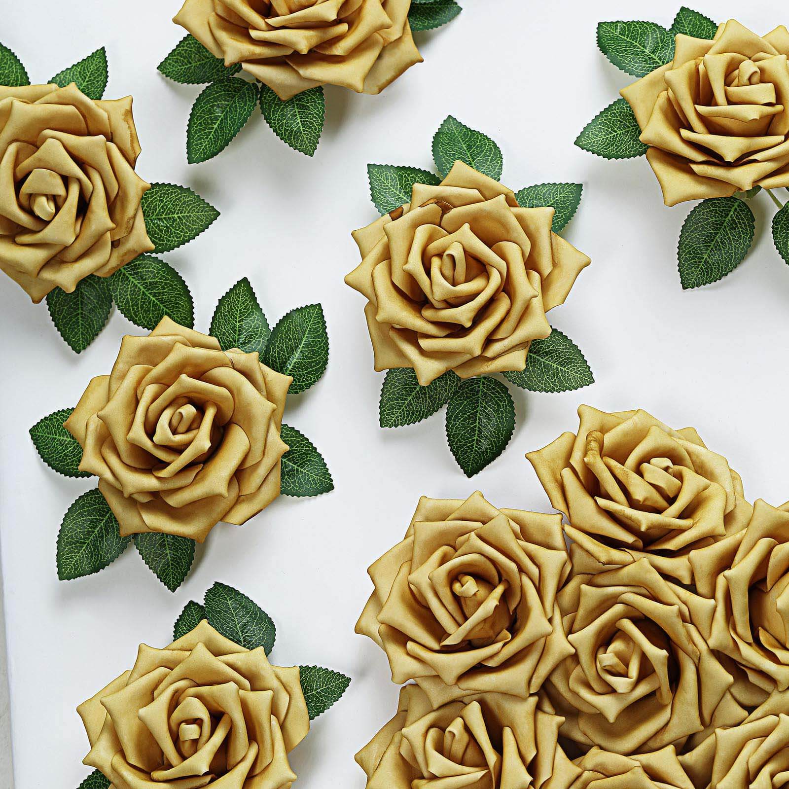 24 Roses 5" Gold Artificial Foam Flowers With Stem Wire and Leaves