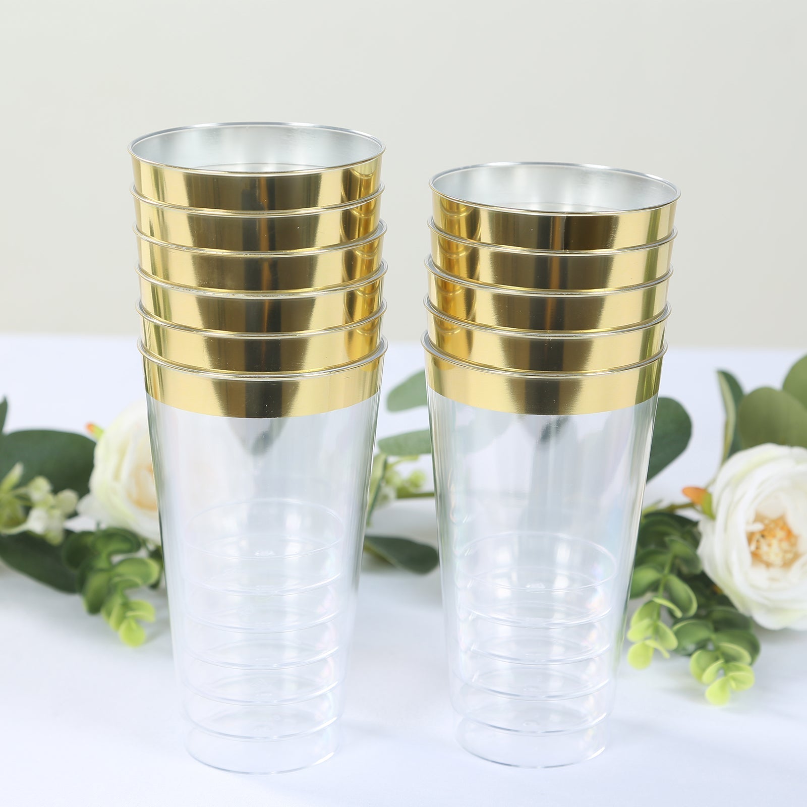 12-Pack Plastic Party Cups Clear with Gold Rim - Durable Disposable Tumblers for Drinks 17oz 5.5"