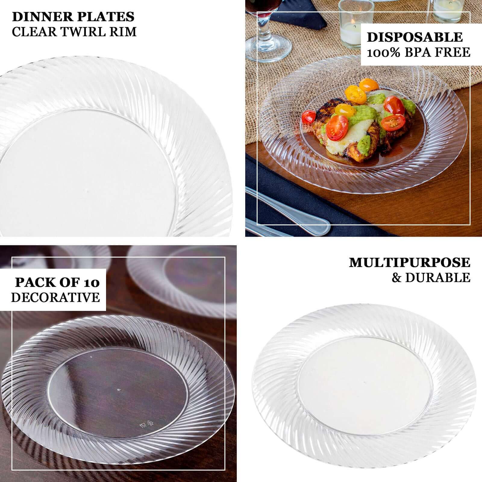 10-Pack Plastic Dessert Plates White/Silver Swirl Rim - Disposable Plates for Appetizers 6"