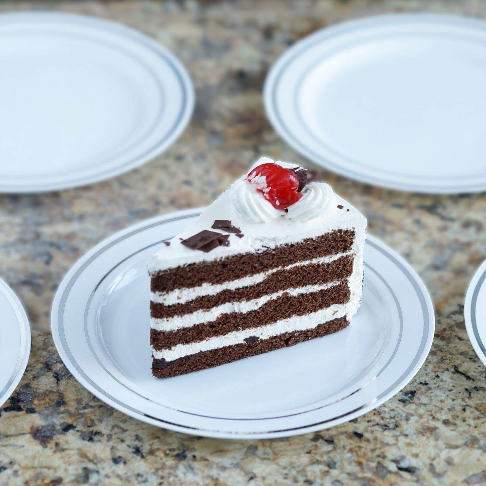 10-Pack Plastic Dessert Plates White with Très Chic Silver Rim - Disposable Plates for Appetizers 6"