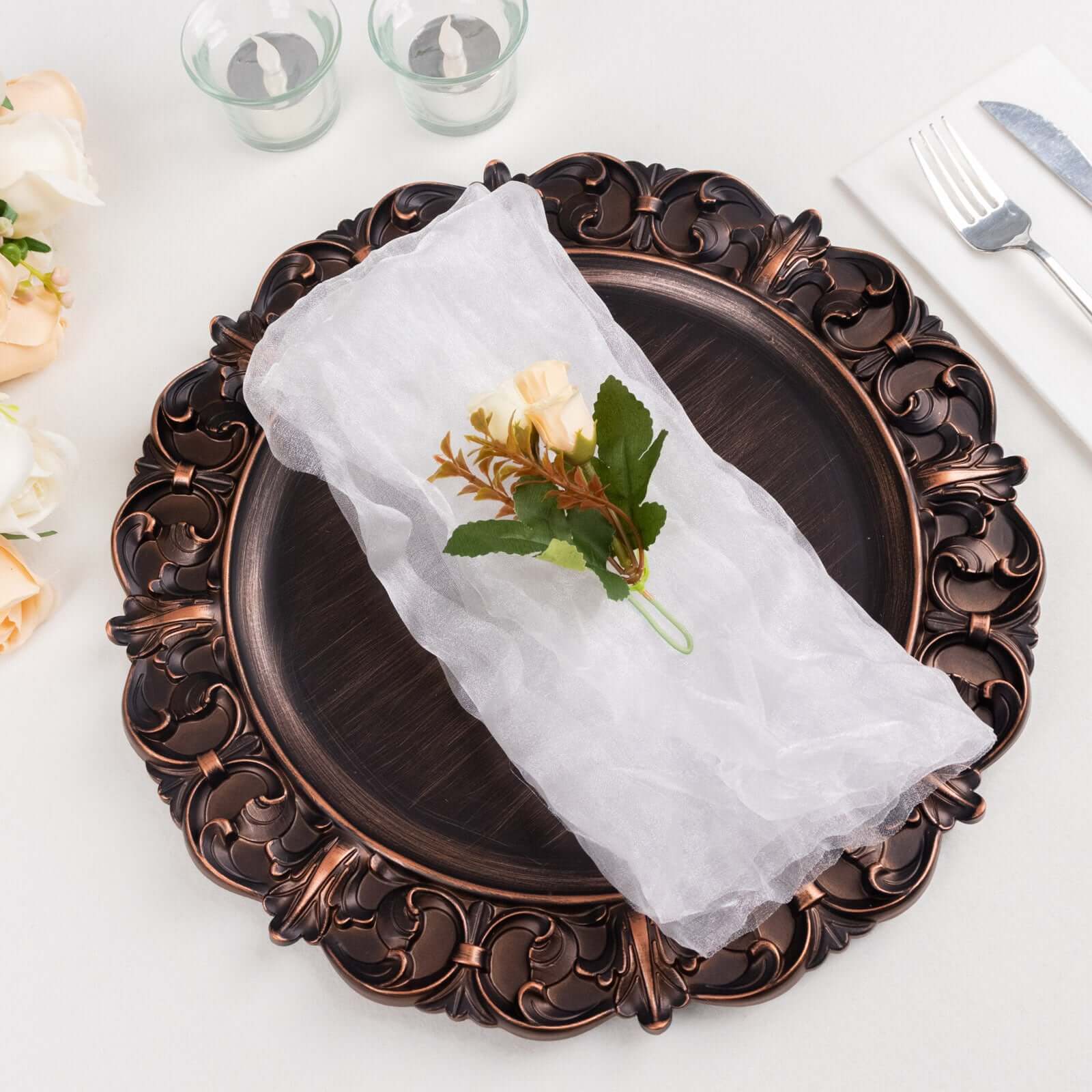 5 Pack Crinkled Organza 21"x21" Napkins White - Classy Rustic Style Dinner & Party Napkins