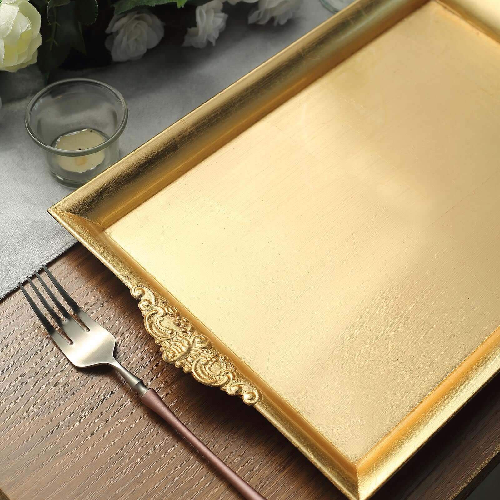 2-Pack Acrylic Rectangle Serving Trays 14"x10" in Gold with Embossed Handles, Sleek Decorative Dinner Party Food Platters
