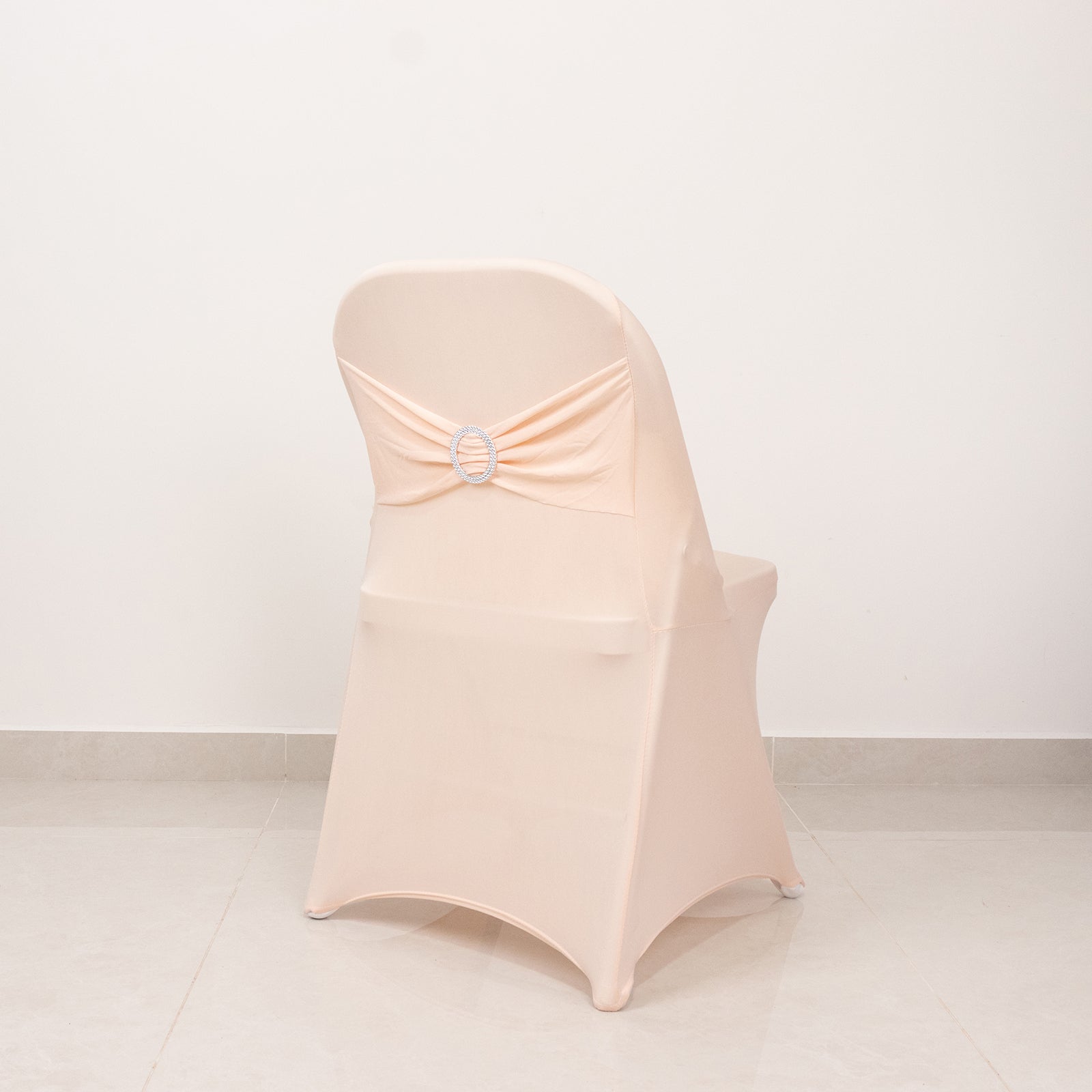 Stretch Spandex Chair Cover Blush for Folding Chairs - Secure Fit Slipcover with Silver Rhinestone Buckled Sash Band