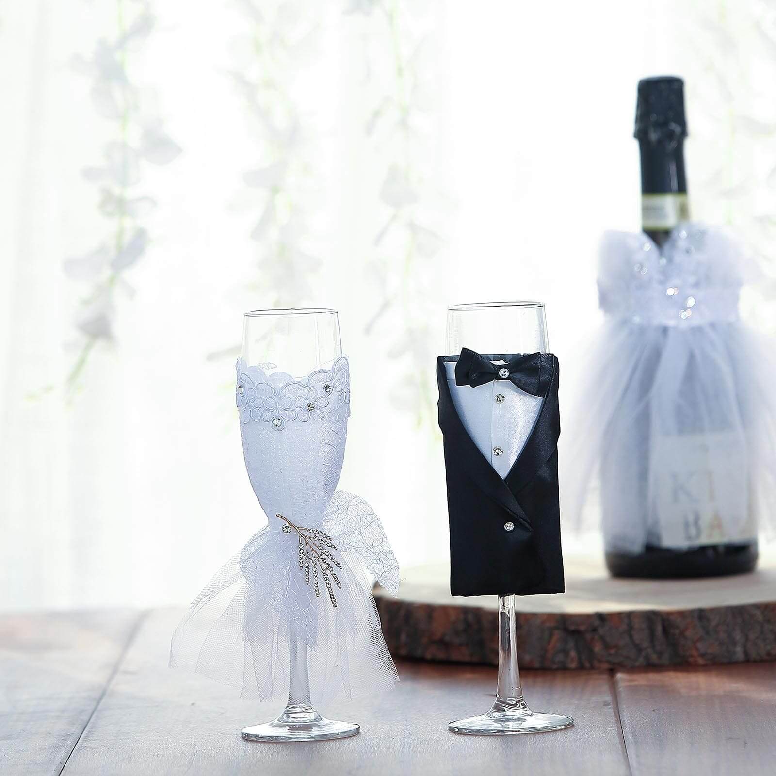 Set of 2 Clear Champagne Flutes with Black Bride and Groom Koozies - Wedding Toast Glasses 9"