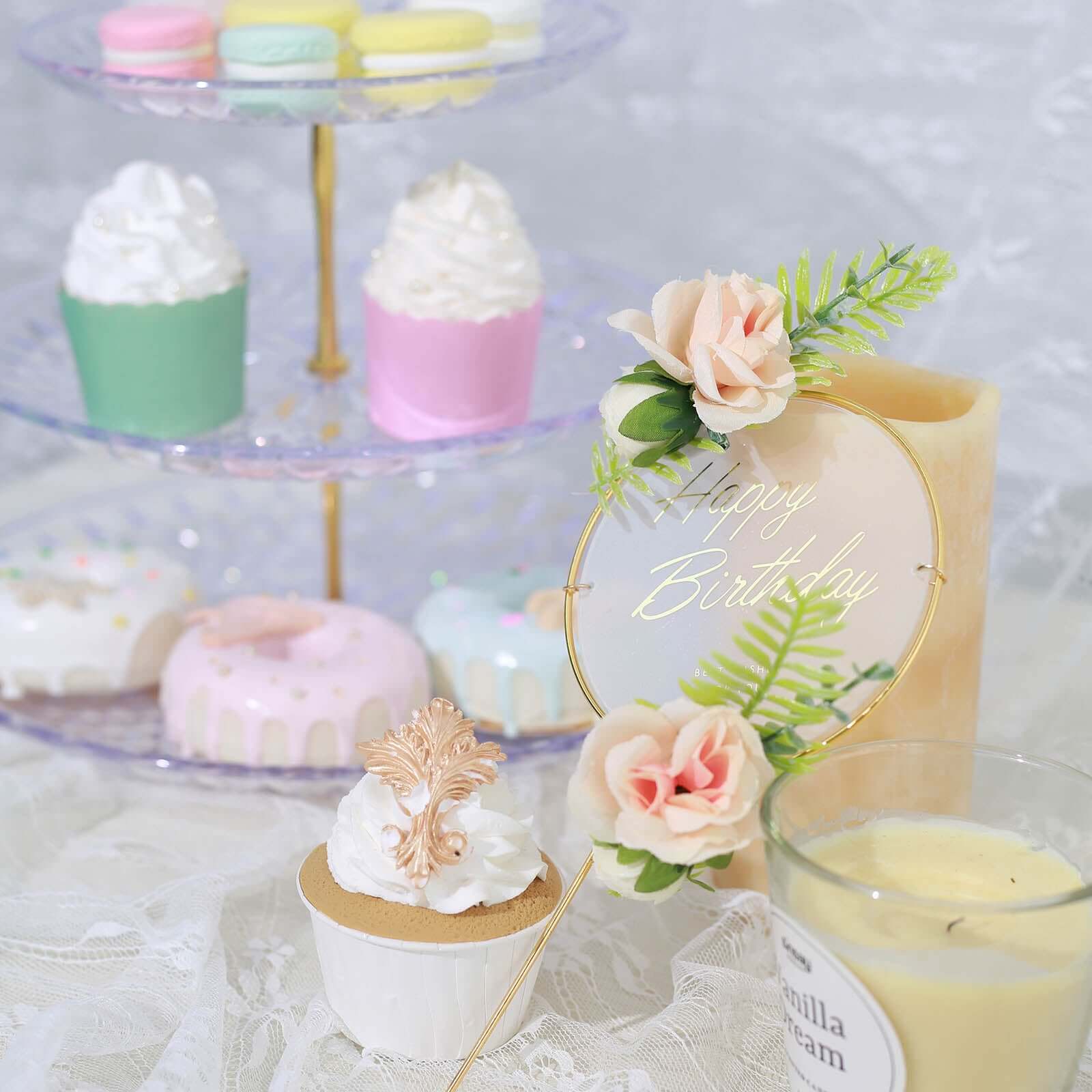3 Pcs Happy Birthday Cake Toppers with Gold Metal Frames & Clear Acrylic Panels - Charming Reusable Cake Decorations with Stylish Silk Flower Accents