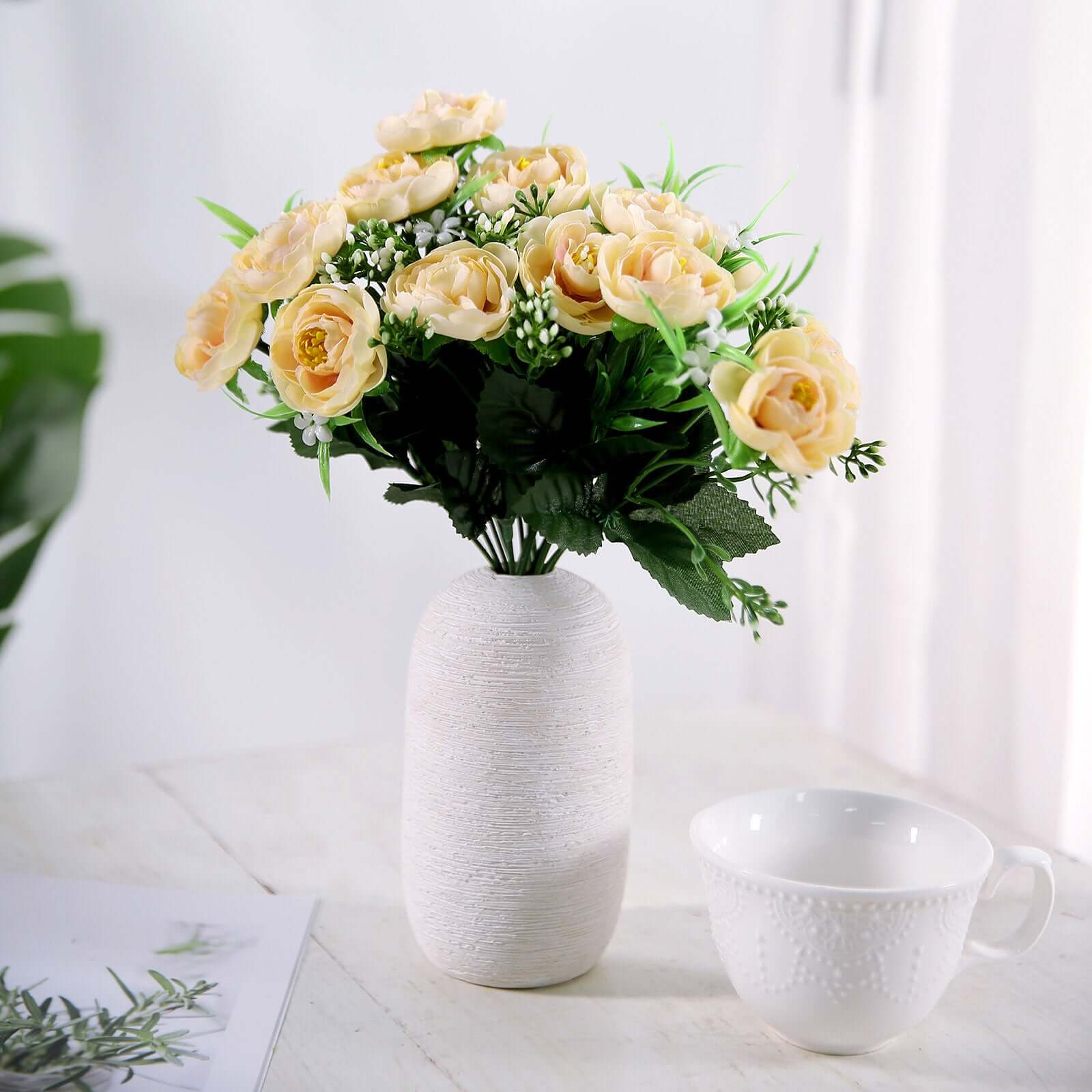 4 Bushes Cream Artificial Silk Peony Flower Bouquet Arrangement