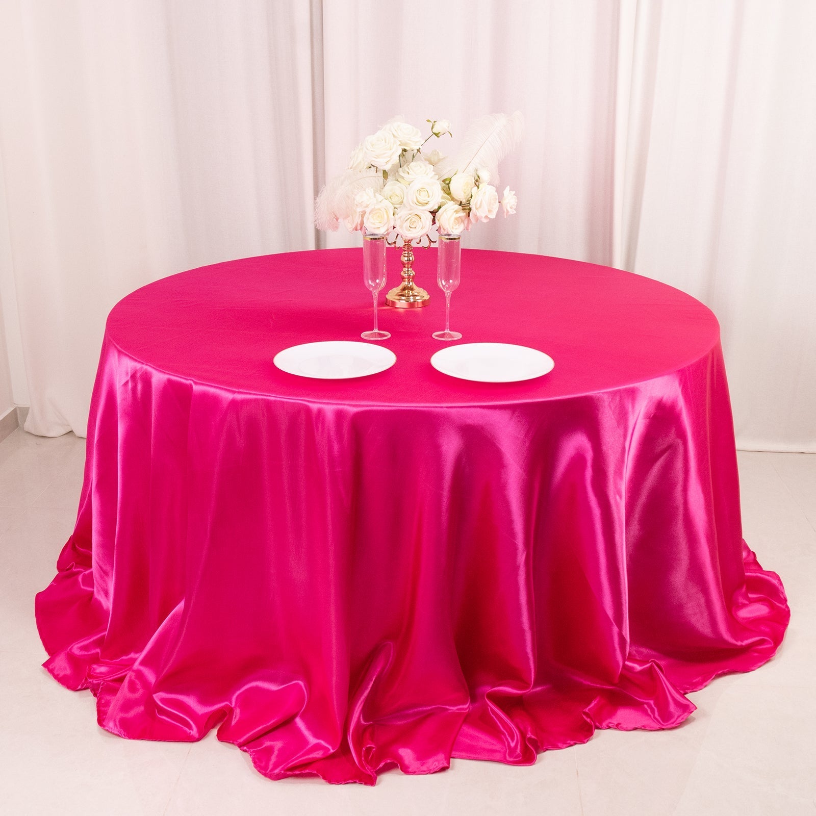 Satin 132" Round Tablecloth Fuchsia - Stylish Seamless Table Cover