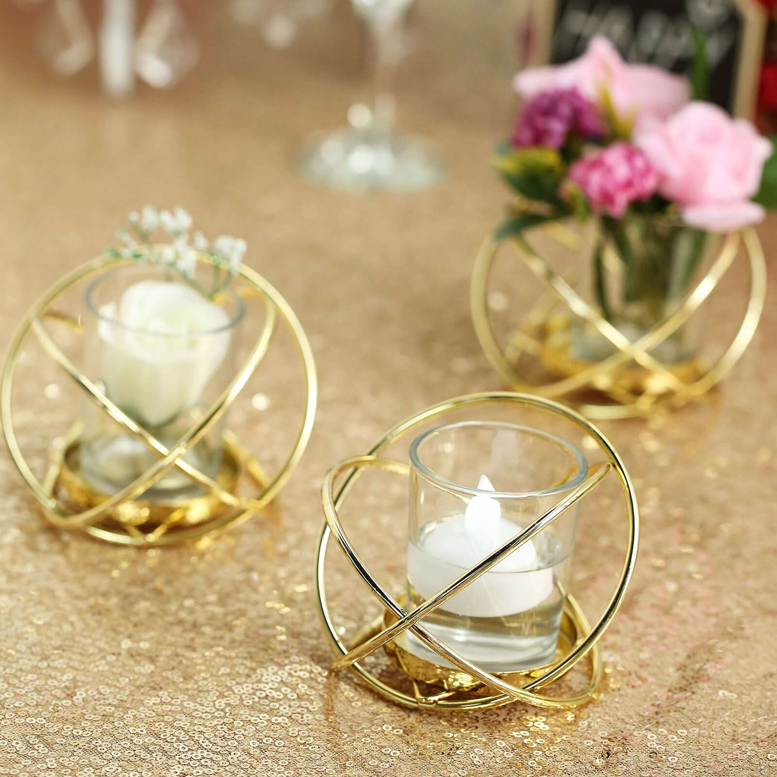 3-Pack Geometric Candle Holders Gold Metal Design with Bud Vase Votive Glass - Chic Wedding & Event Decor 3"