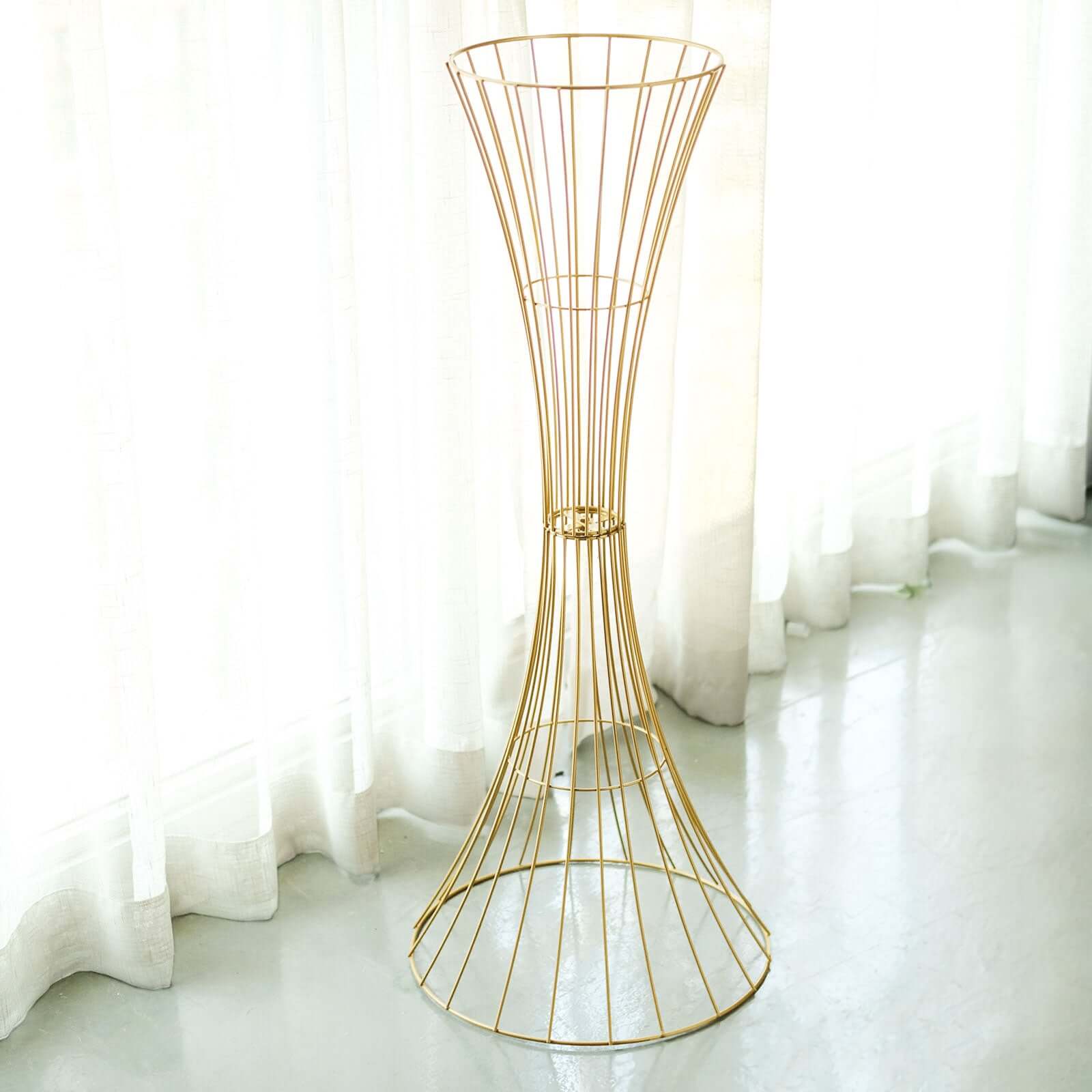 36" Tall Gold Metal Wire Hourglass Flower Frame Stand, Open Frame Reversible Trumpet Centerpiece Stand