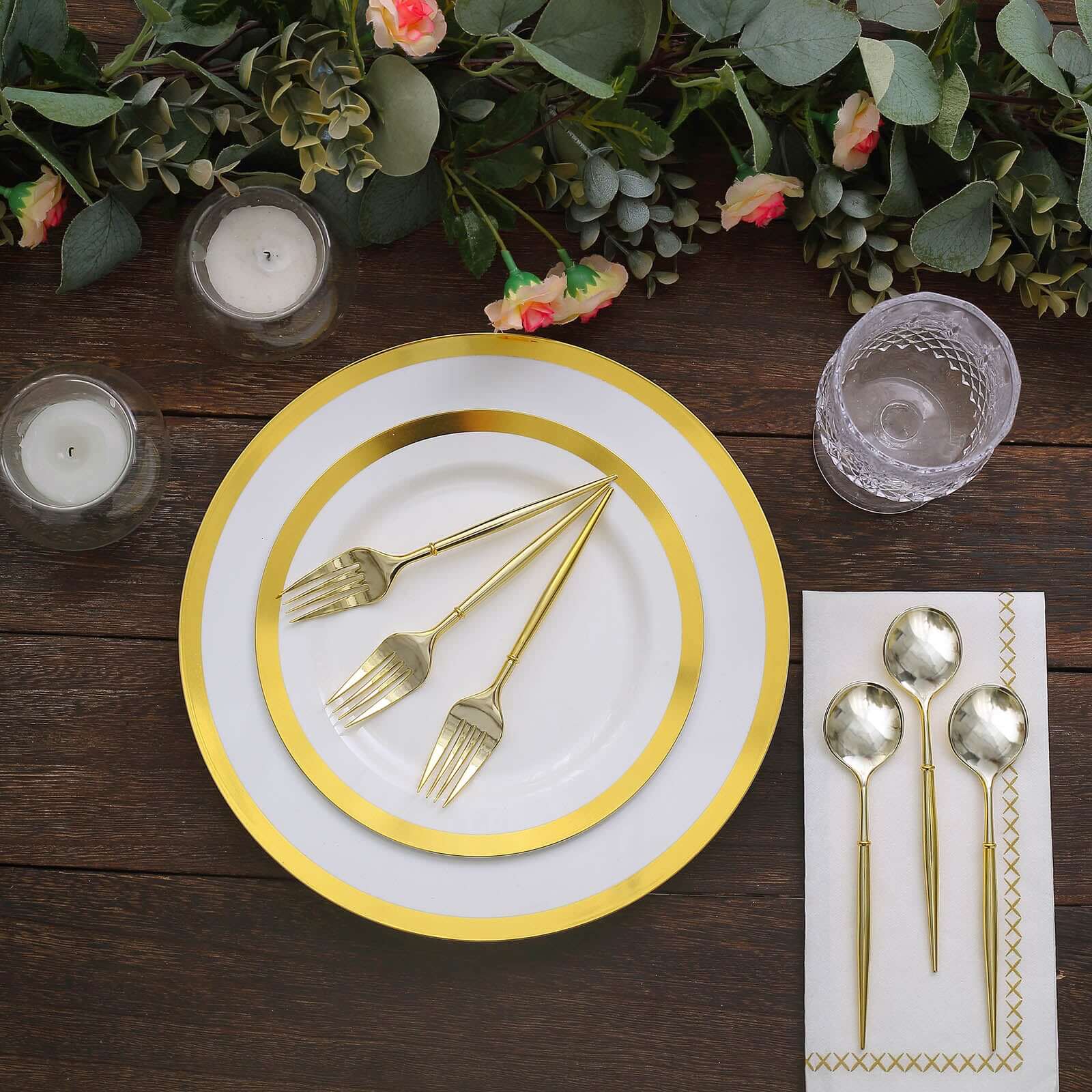 24-Pack Plastic Fork and Spoon Set Metallic Gold - Heavy Duty Disposable Modern Utensils 6"