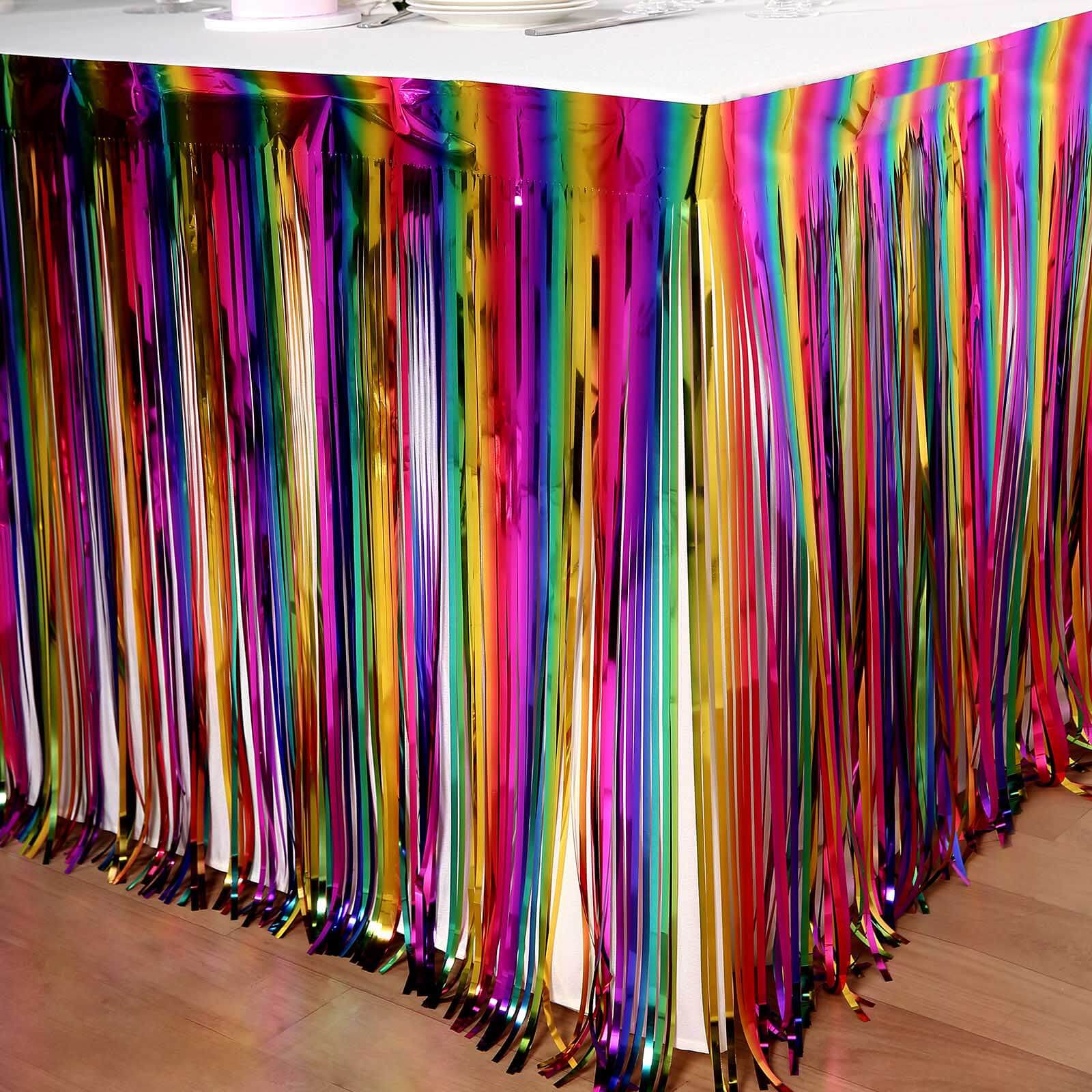Metallic Foil Fringe Table Skirt Rainbow with Self Adhesive Backing - Durable Tinsel Skirt for Parties 30"x9ft