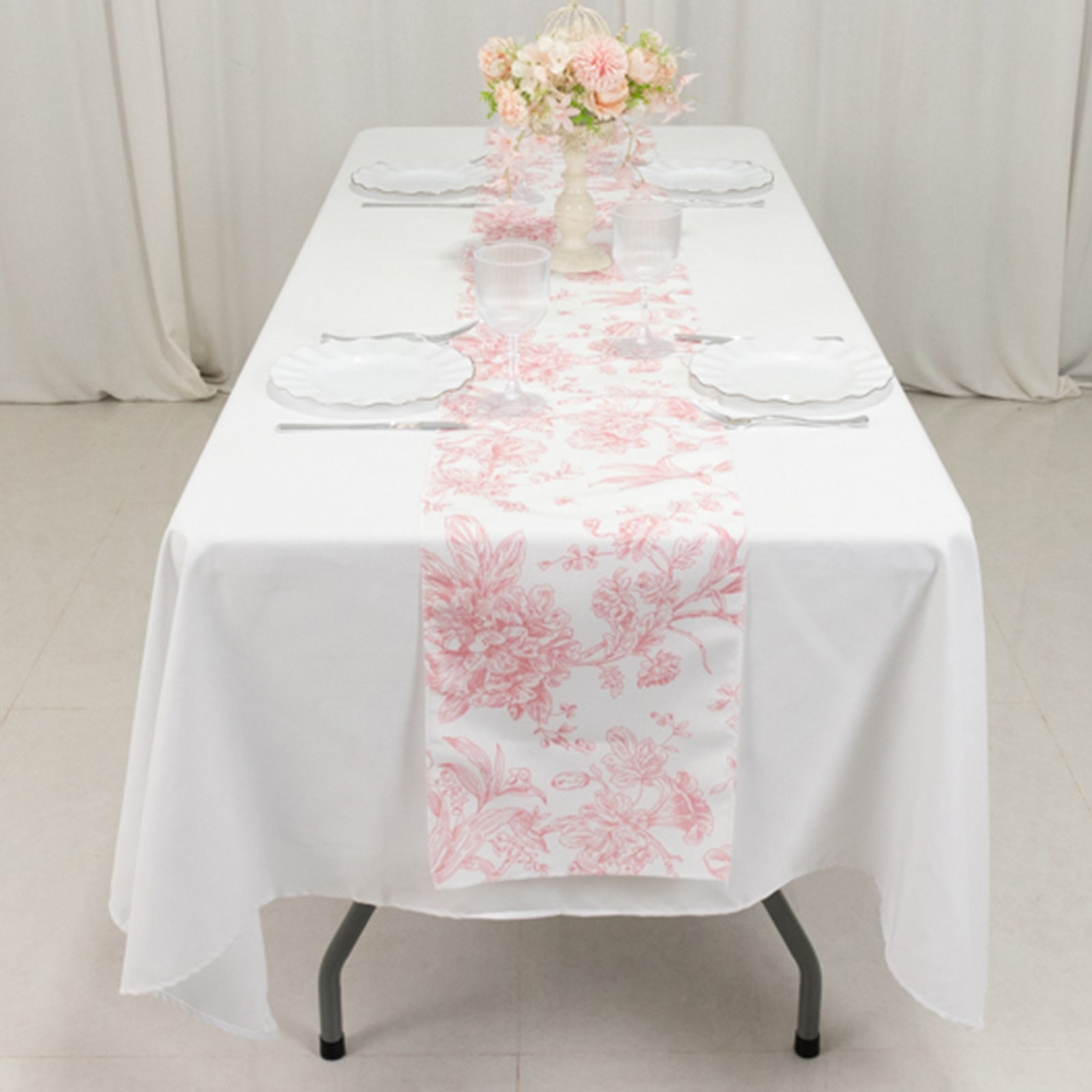 Polyester Table Runner 12"x108" White with Pink French Toile Floral Print Reusable Table Décor