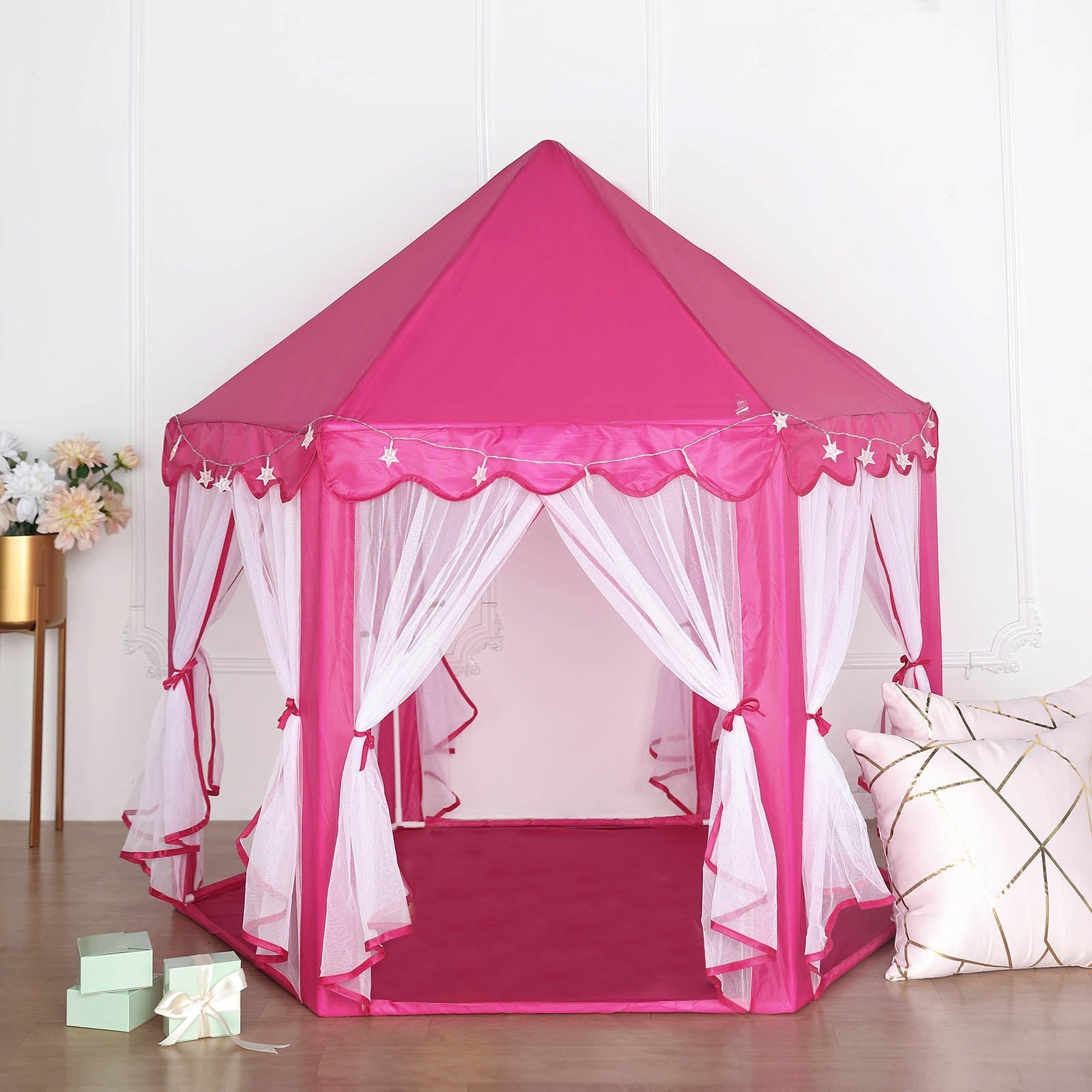 4.5Ft Pink Princess Castle Play House Tent with Star LED Garlands and Carry Bag