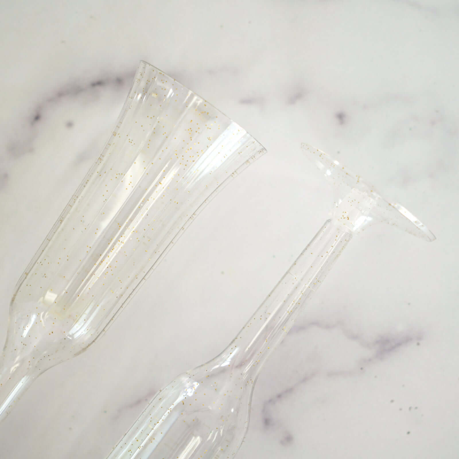 12-Pack Plastic Champagne Flutes Clear/Gold Glitter Flared Design - Lightweight Disposable Toasting Glasses 6oz