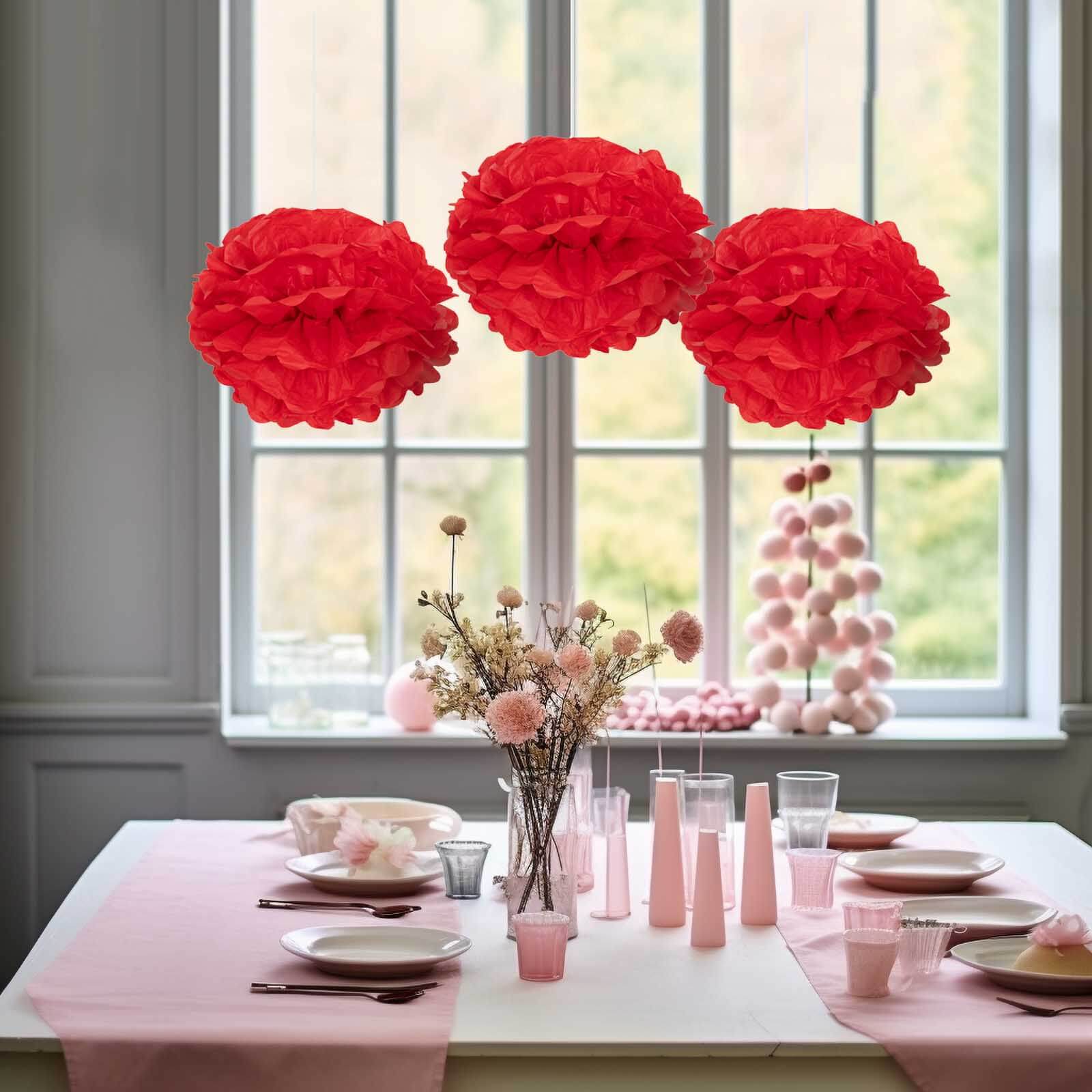6 Pack 10" Red Tissue Paper Pom Poms Flower Balls, Ceiling Wall Hanging Decorations