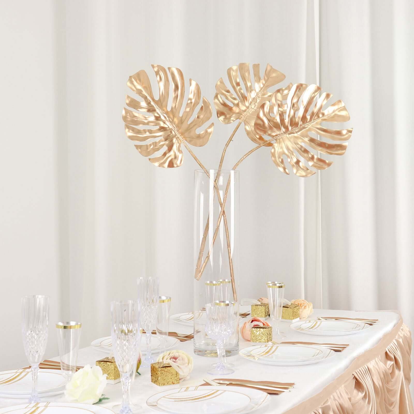 3 Pack 29" Metallic Gold Artificial Monstera Leaf Stems, Faux Palm Leaves, Tropical Floral Arrangements, Faux Plant Vase Filler