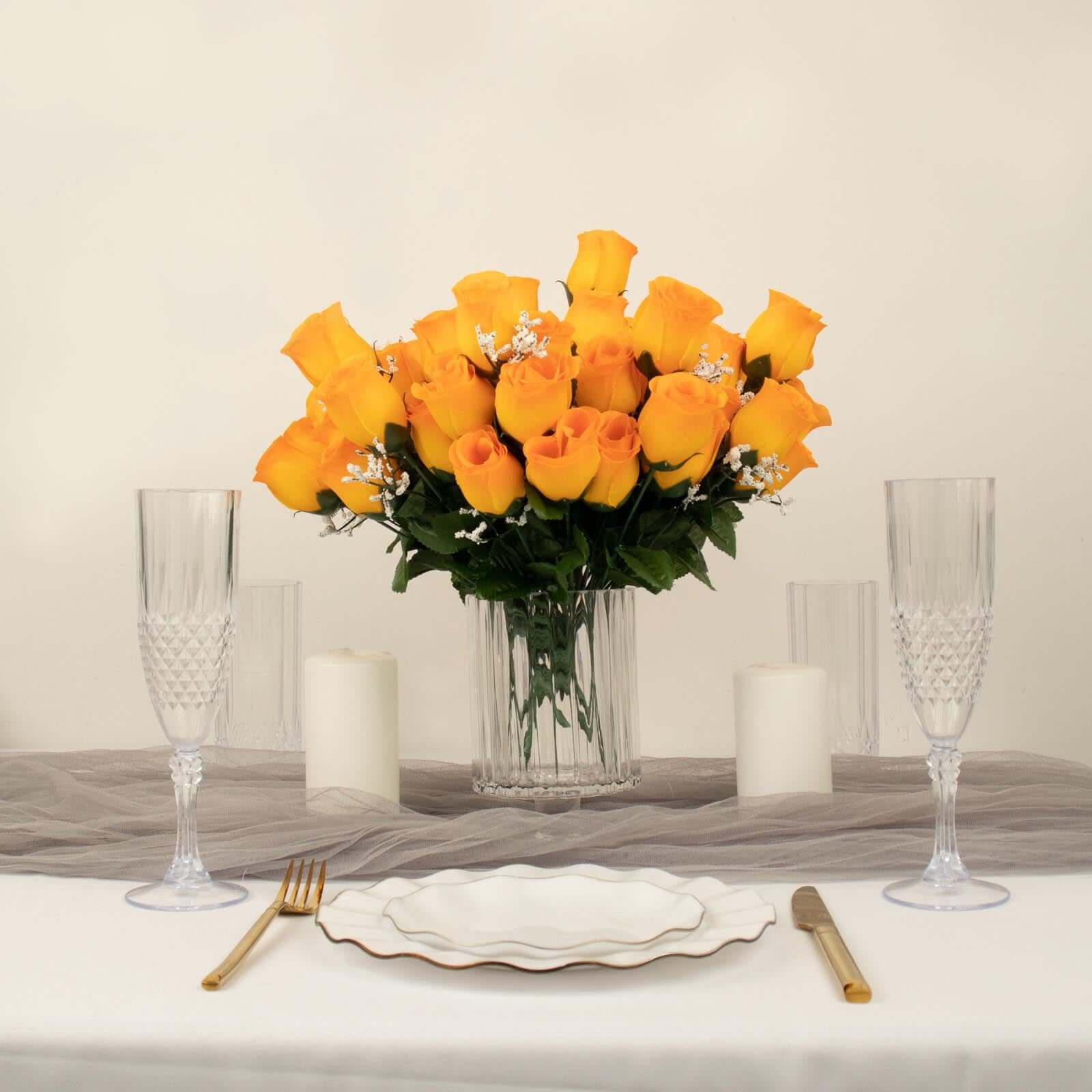 12 Bushes Orange Artificial Premium Silk Flower Rose Bud Bouquets